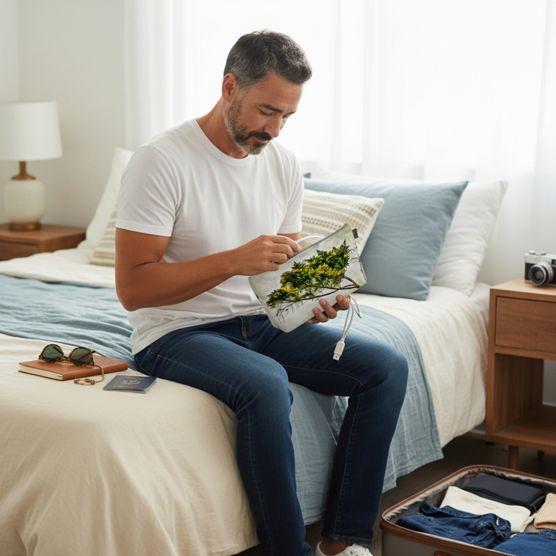 Man sitting on a bed holding a plant in a bedroom
