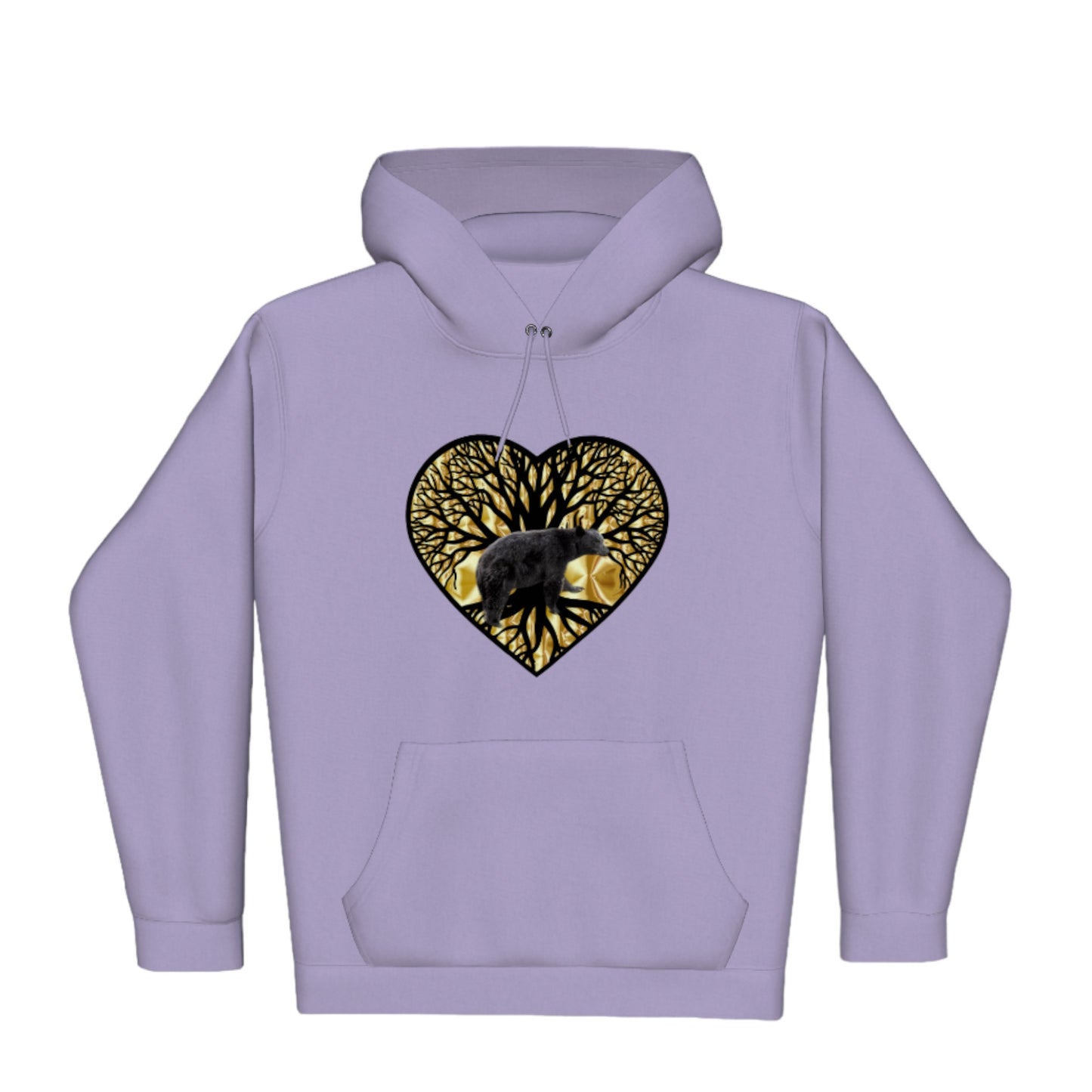 Bear Heart Premium Pullover Hoodie. the image is of a heart with a tree of life and a bear with a gold background.