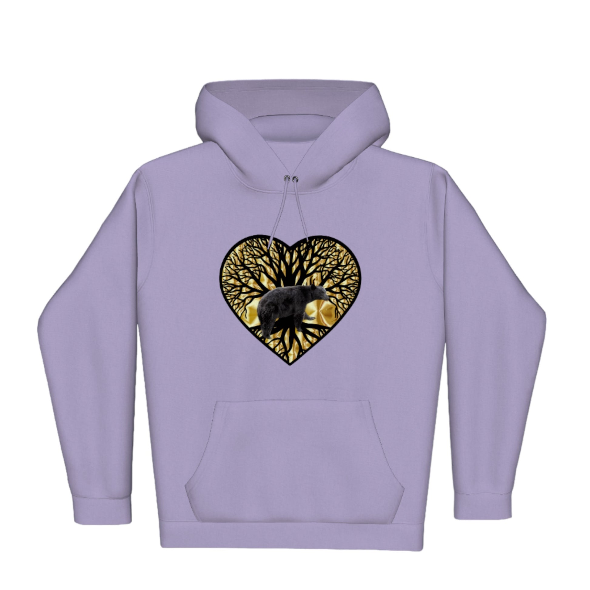 Bear Heart Premium Pullover Hoodie. the image is of a heart with a tree of life and a bear with a gold background.