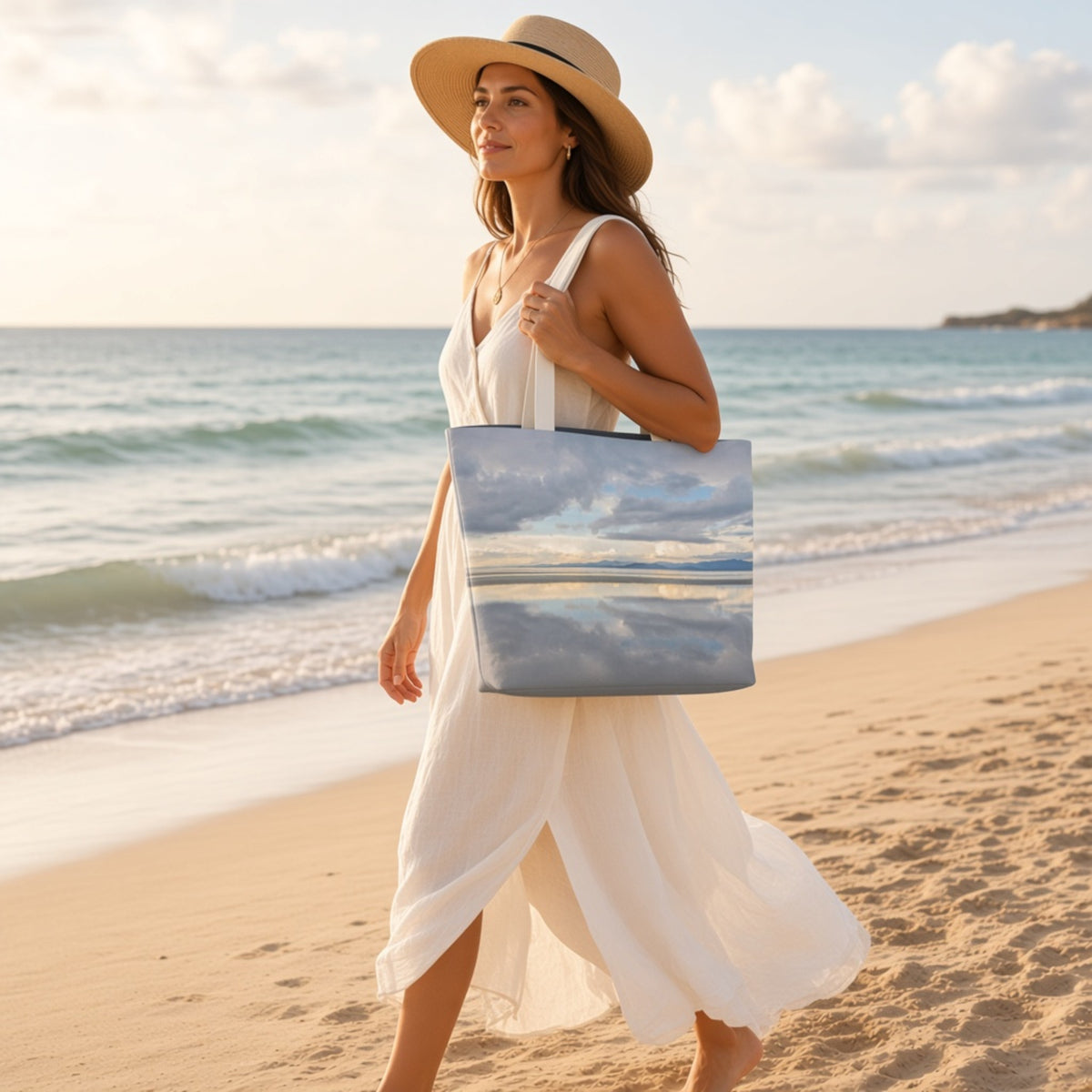 A woman in a white dress and straw hat walks along a sandy beach carrying a large tote bag printed with a blue-gray seascape scene.
