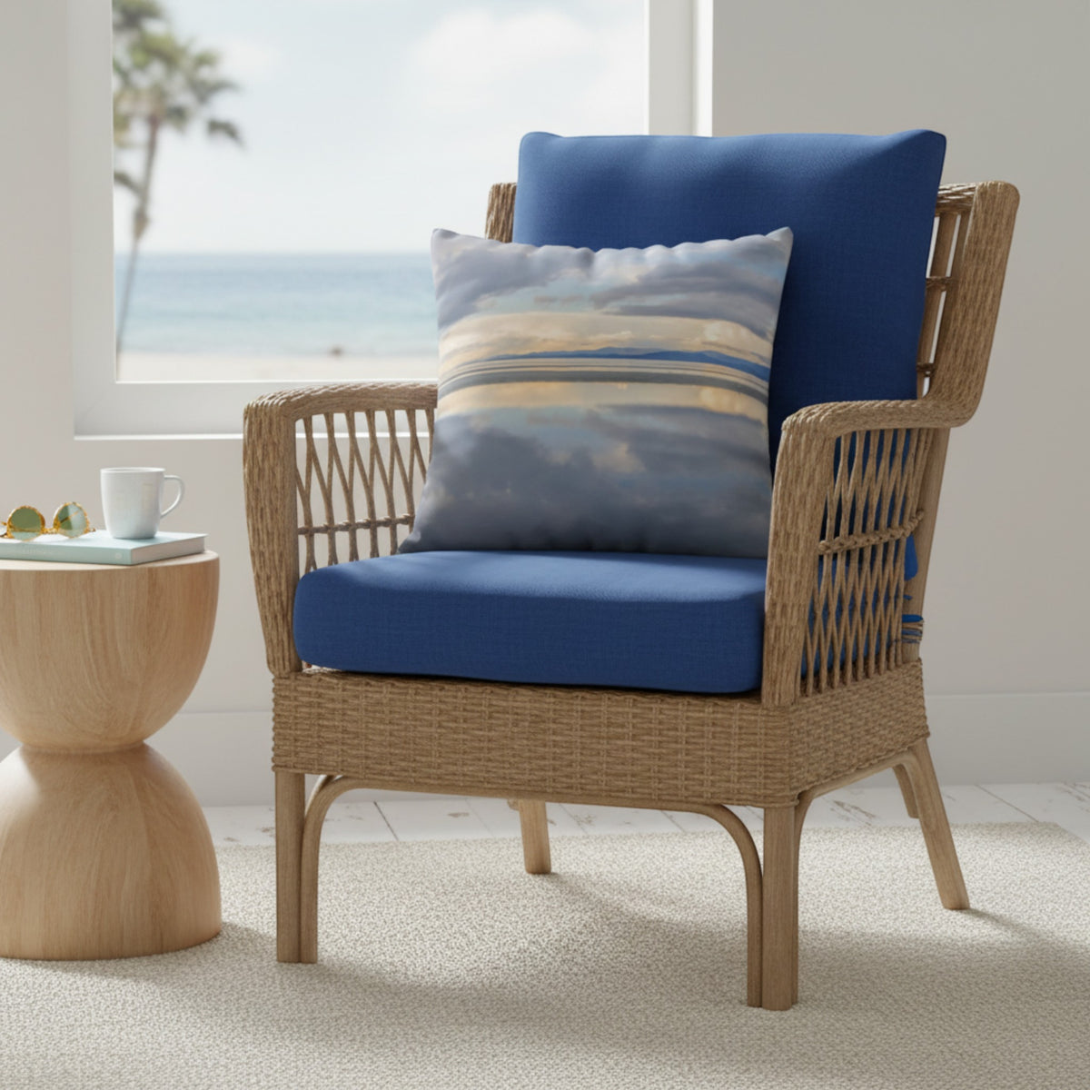 A wicker outdoor armchair with blue seat and back cushions, styled with a blue-and-white striped throw pillow, set in a bright room with a side table and ocean view in the background.