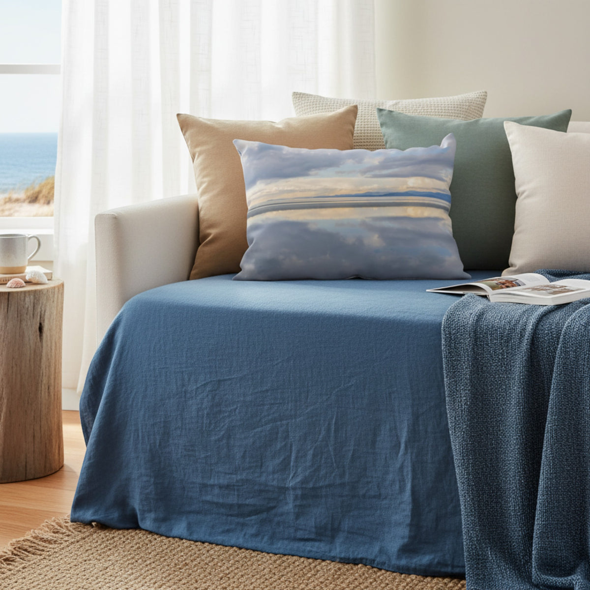 A blue linen slipcover draped over a daybed in a bright, sunlit room with a view of the ocean. The daybed is styled with multiple decorative throw pillows in beige, green, and white, along with a matching blue textured throw blanket.