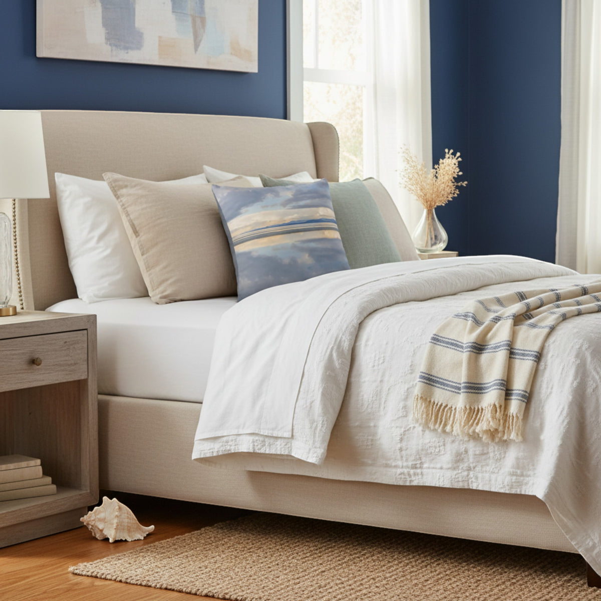 A neatly made bed in a styled bedroom, featuring a cream upholstered headboard, white bedding, multiple neutral and blue accent pillows, a cream throw blanket with blue stripes, a wooden nightstand, and a deep blue wall.