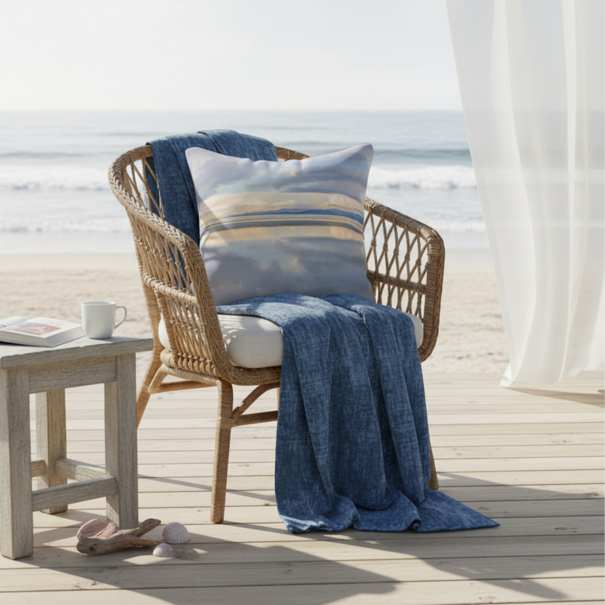 A woven outdoor chair on a beach deck with an ocean view, styled with a blue throw blanket, a striped blue-and-beige pillow, a small side table, and a white curtain.