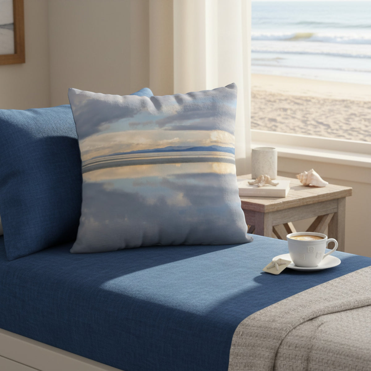 A square decorative throw pillow with a blue and cream beach horizon print, styled on a blue daybed next to a window showing a beach view.