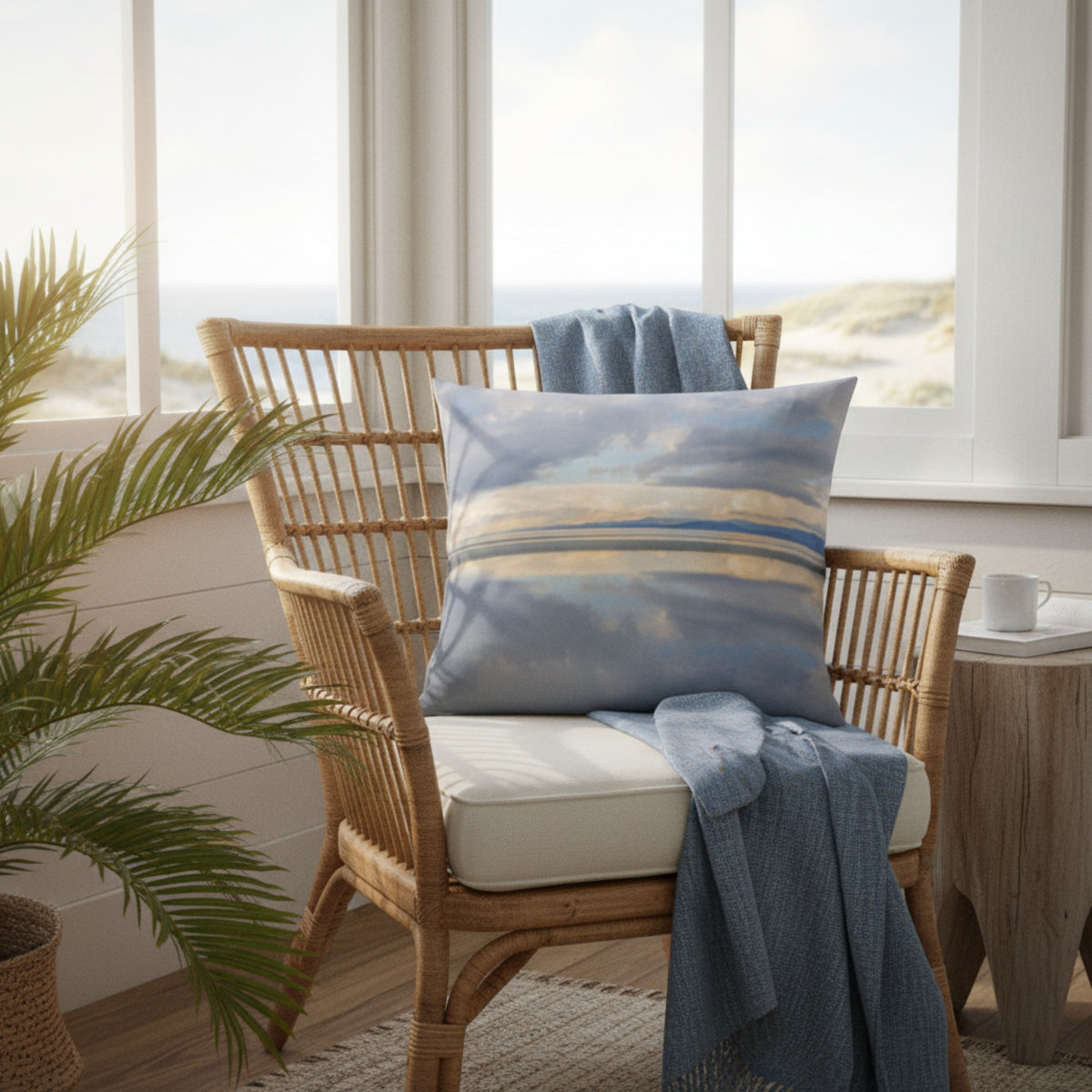 A throw pillow with an image of a serene beach scene with clouds in the sky and calm water in the foreground.