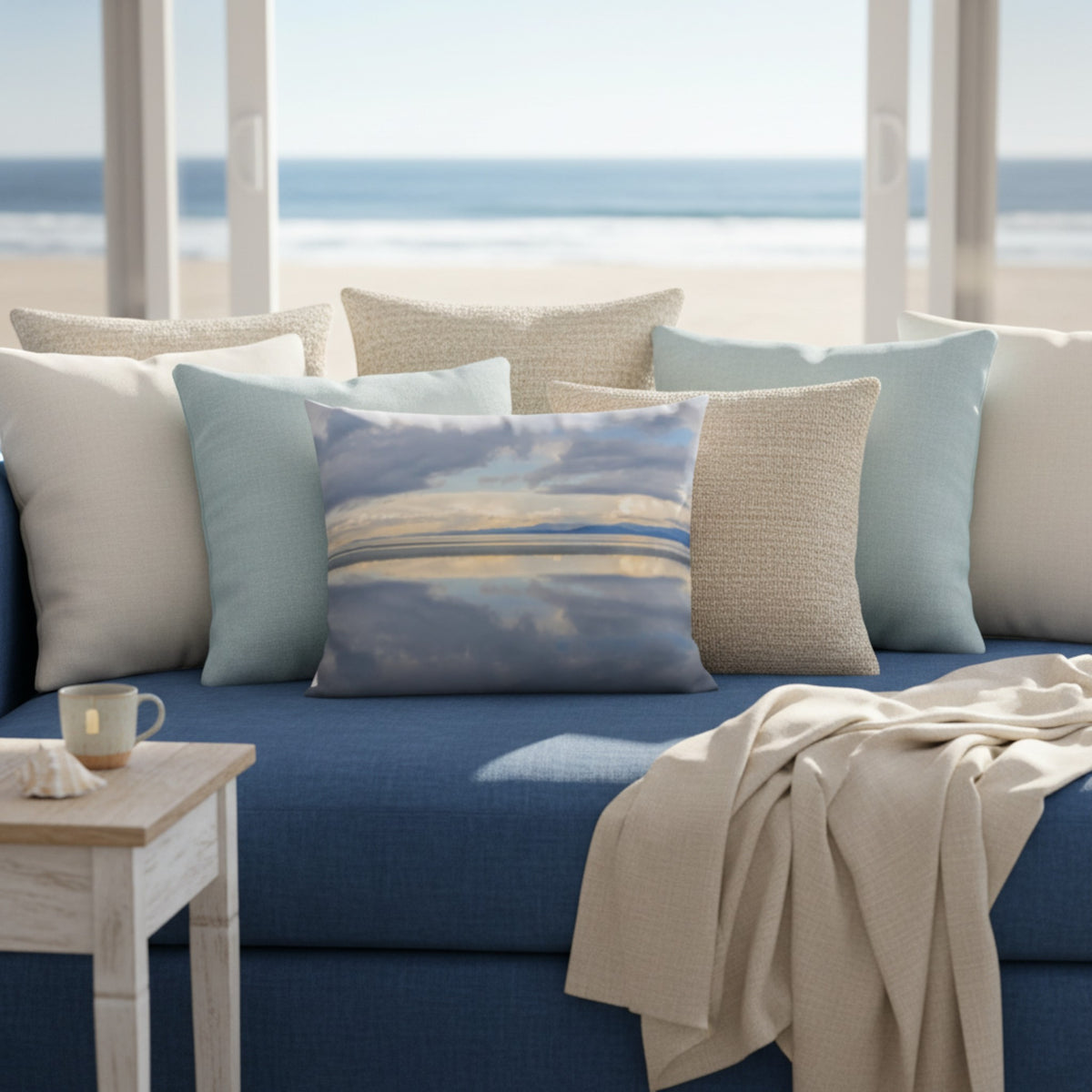 A throw pillow with an image of a serene beach scene with clouds in the sky and calm water in the foreground.