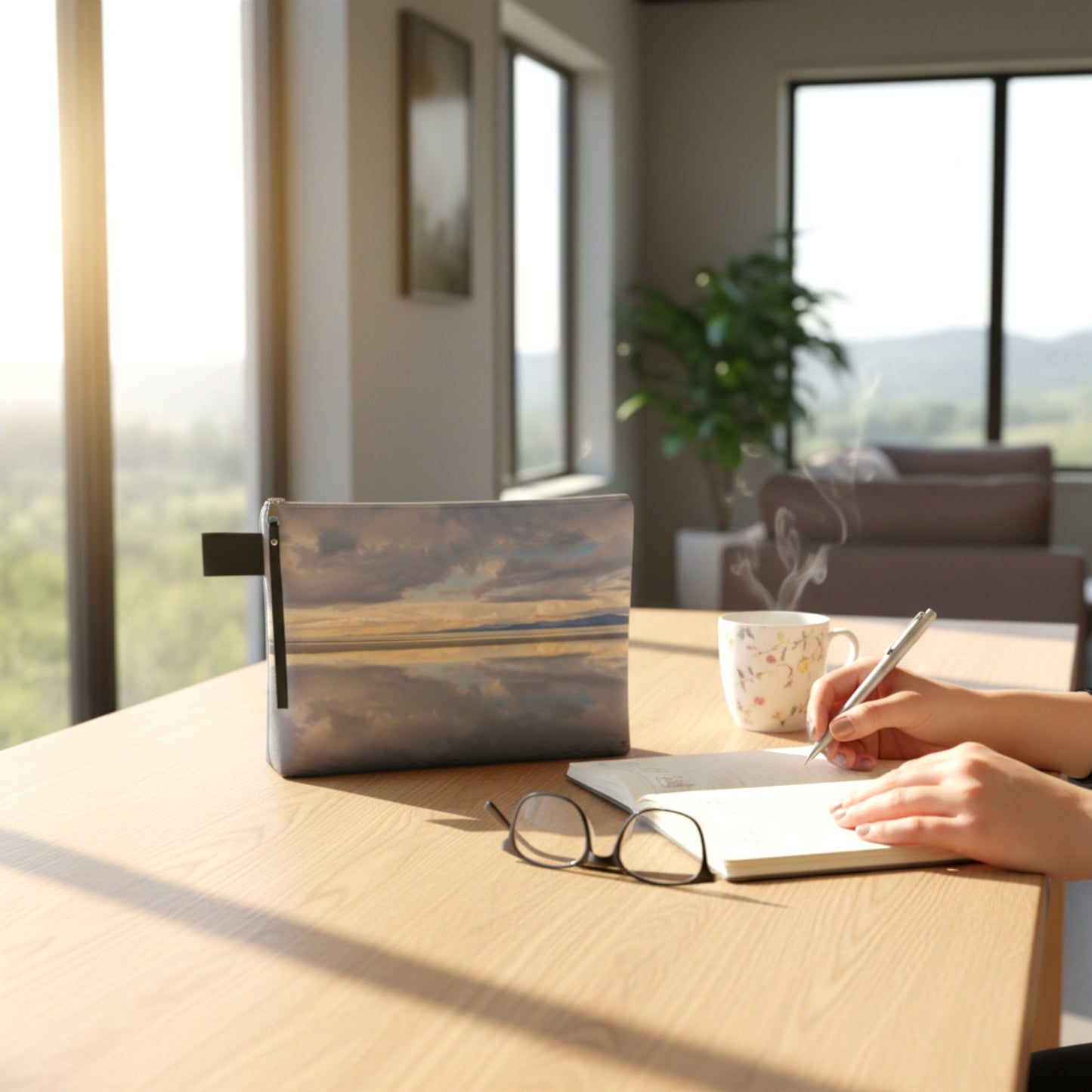 Person taking notes at a desk with a scenic view