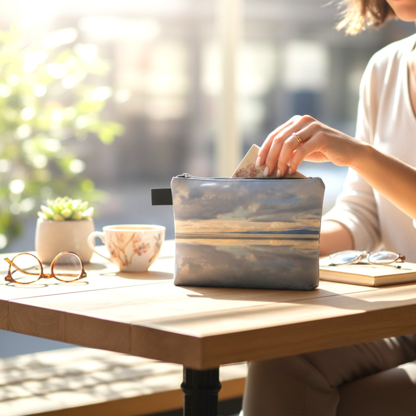 Person opening a pouch on a table with a blurred outdoor background