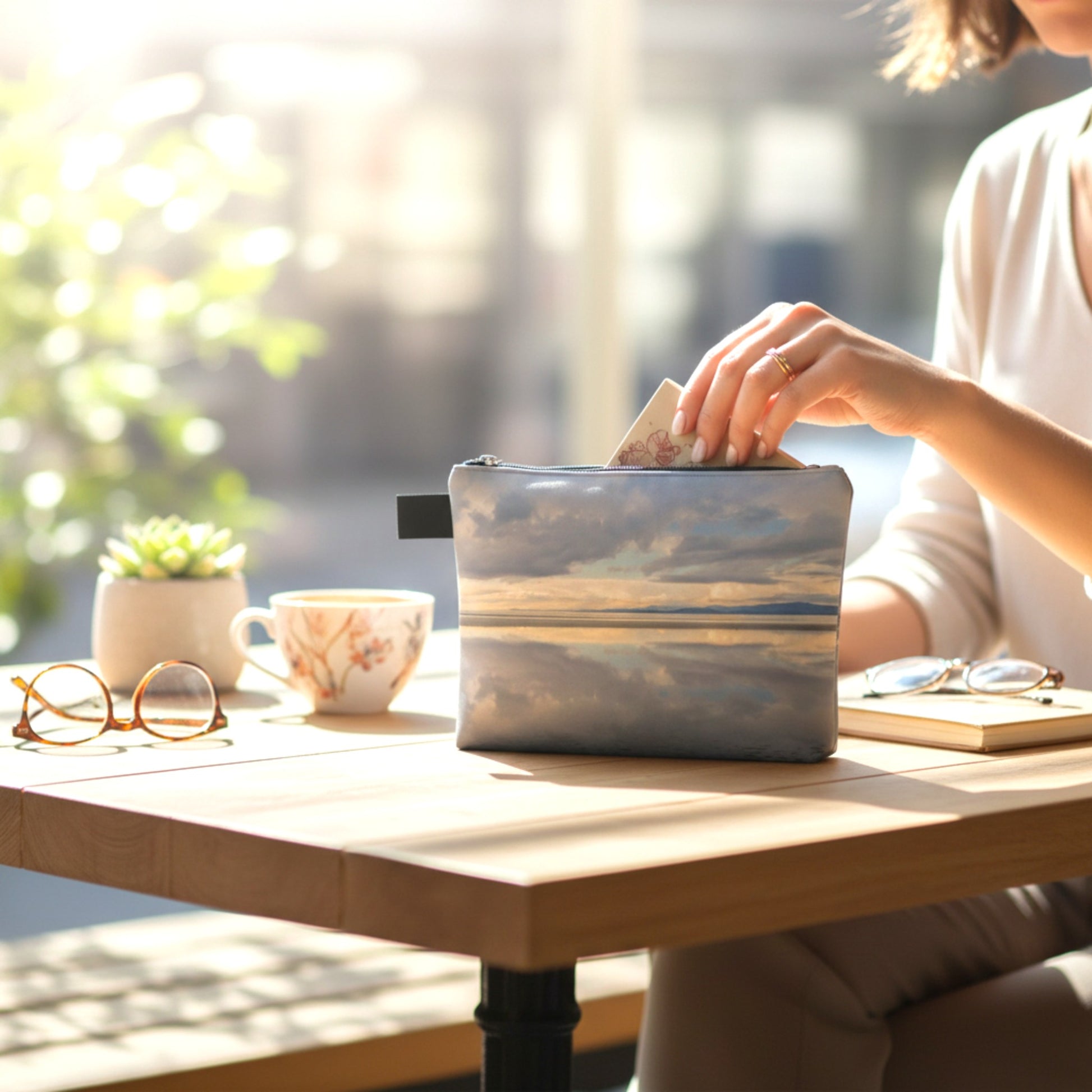 Person opening a pouch on a table with a blurred outdoor background