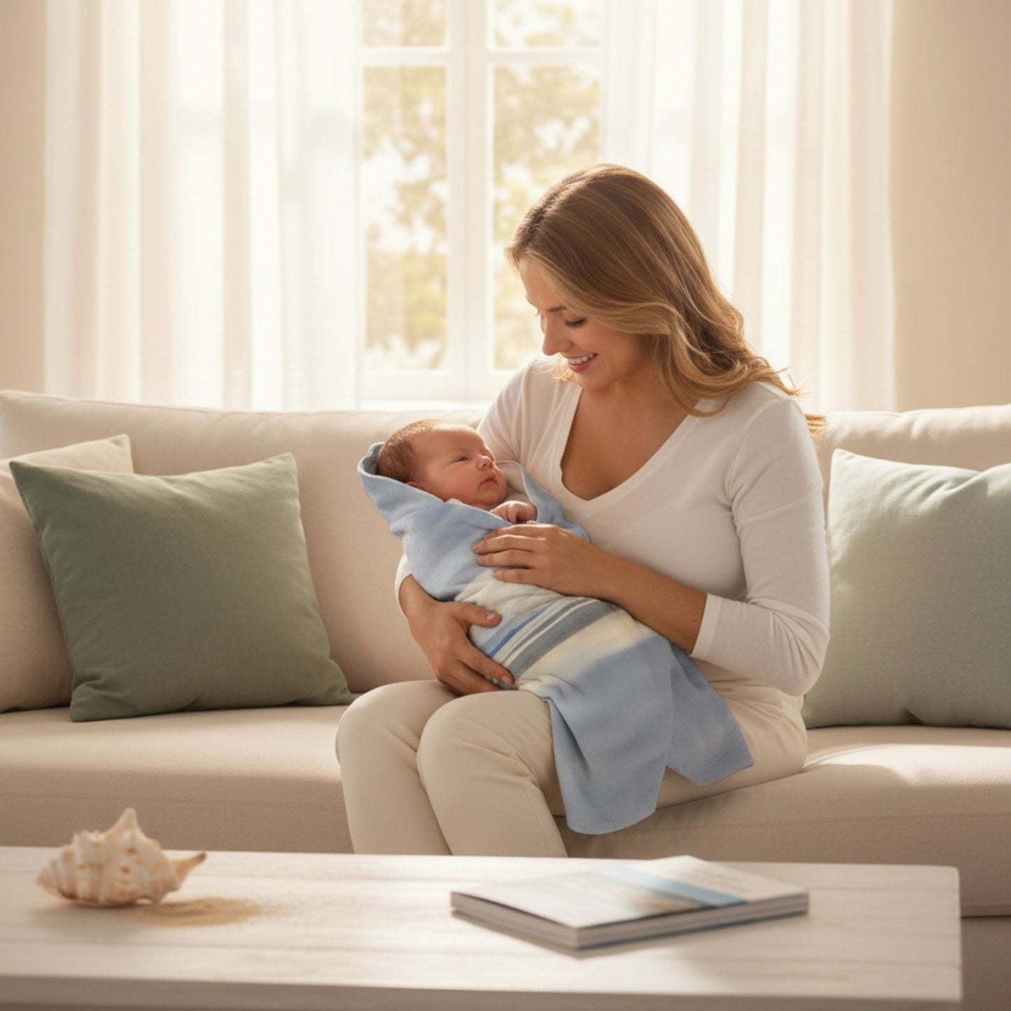 Woman holding a baby on a couch in a bright living room