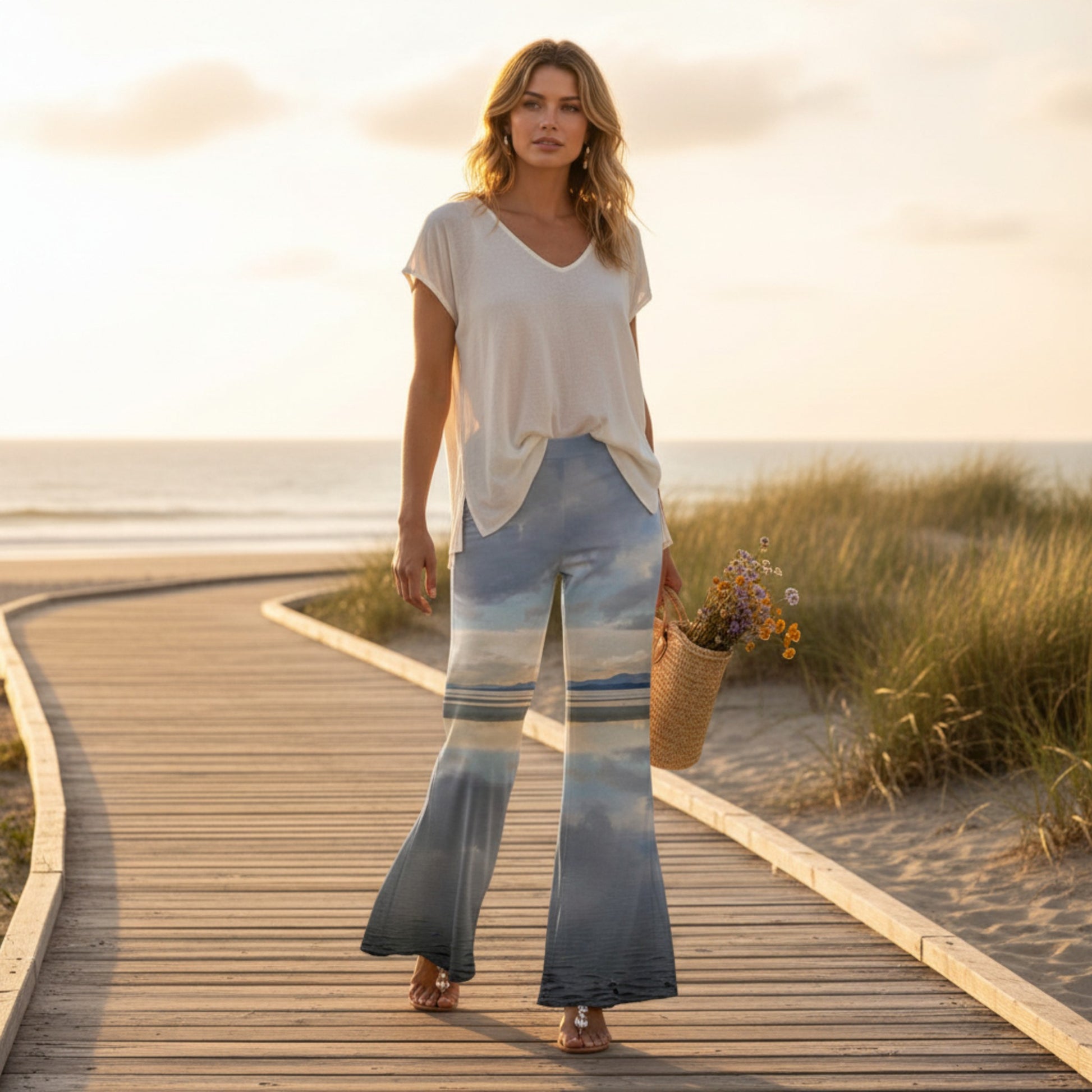 Woman walking on a wooden path by the beach with a sunset in the background