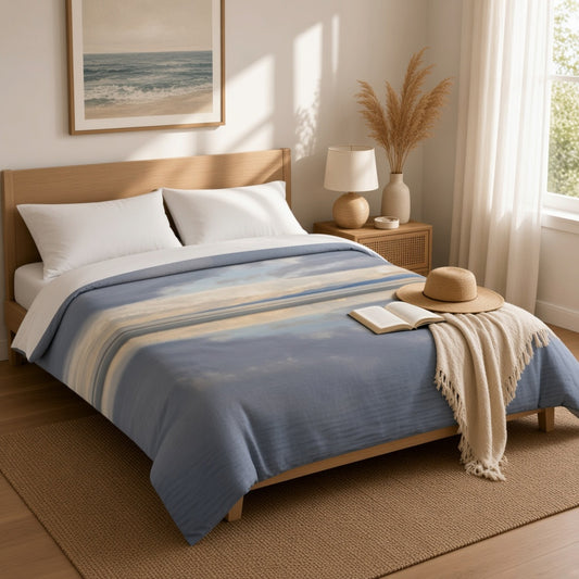 A neatly made bed in a bright, sunlit bedroom. The bedding set features a light blue and beige watercolor-style duvet cover with white pillows and a white folded top layer.