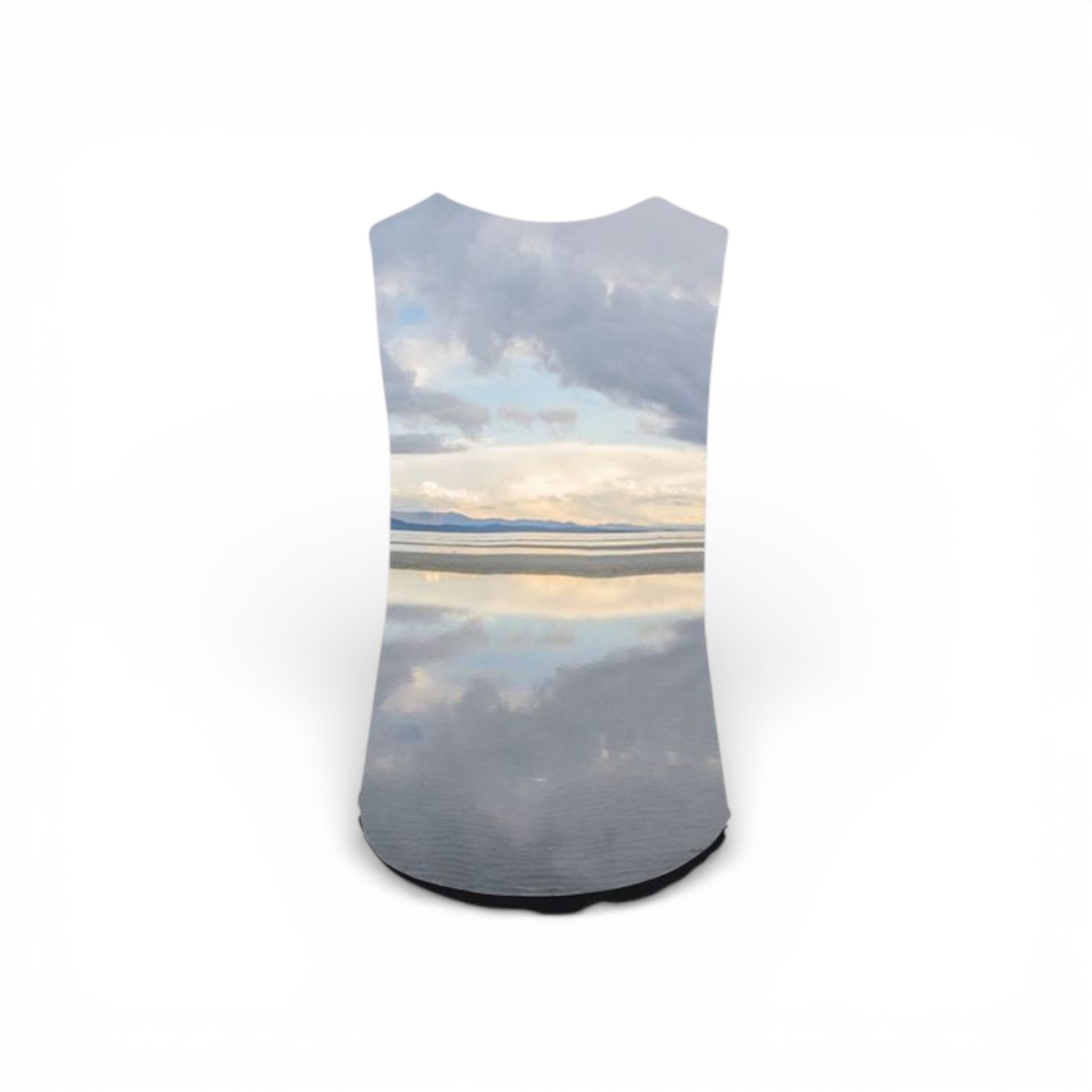 Back of Sleeveless top with a design of clouds and water on a white background