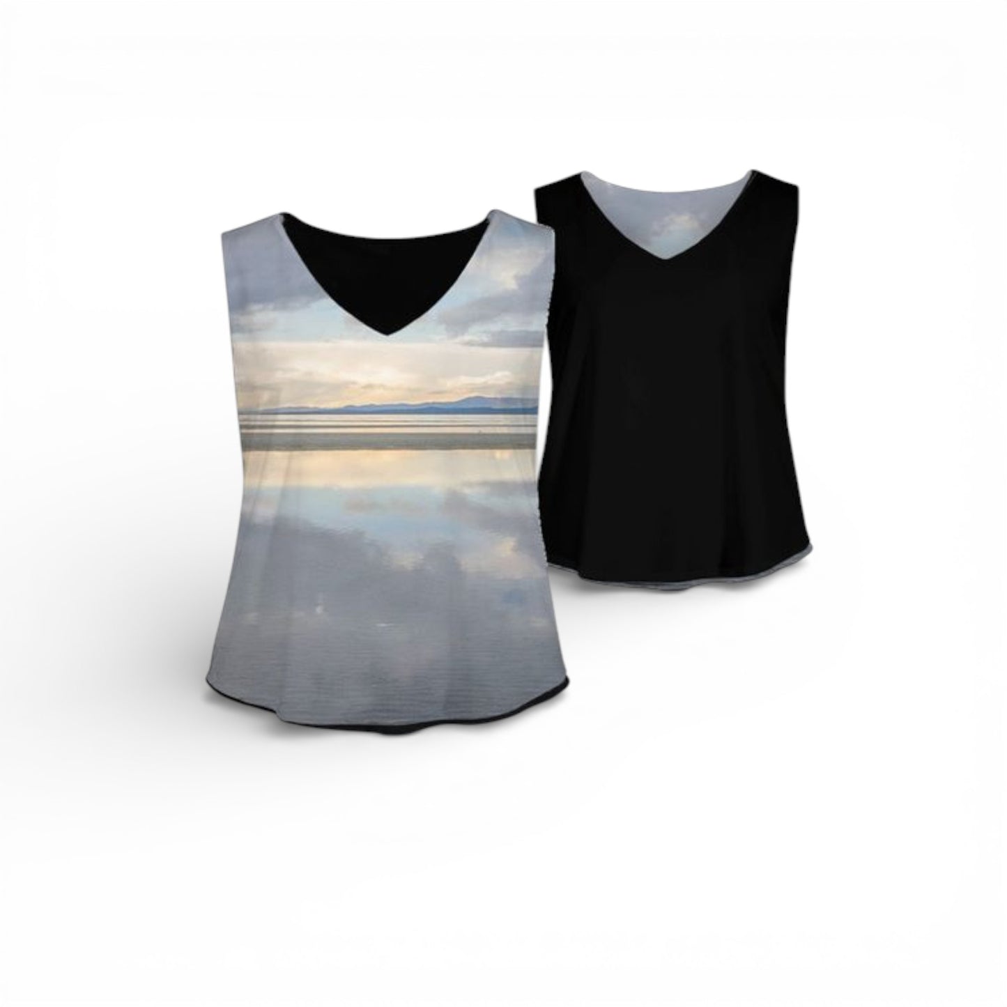 Two tank tops, one with a beach sunset design and the other black, on a white background.