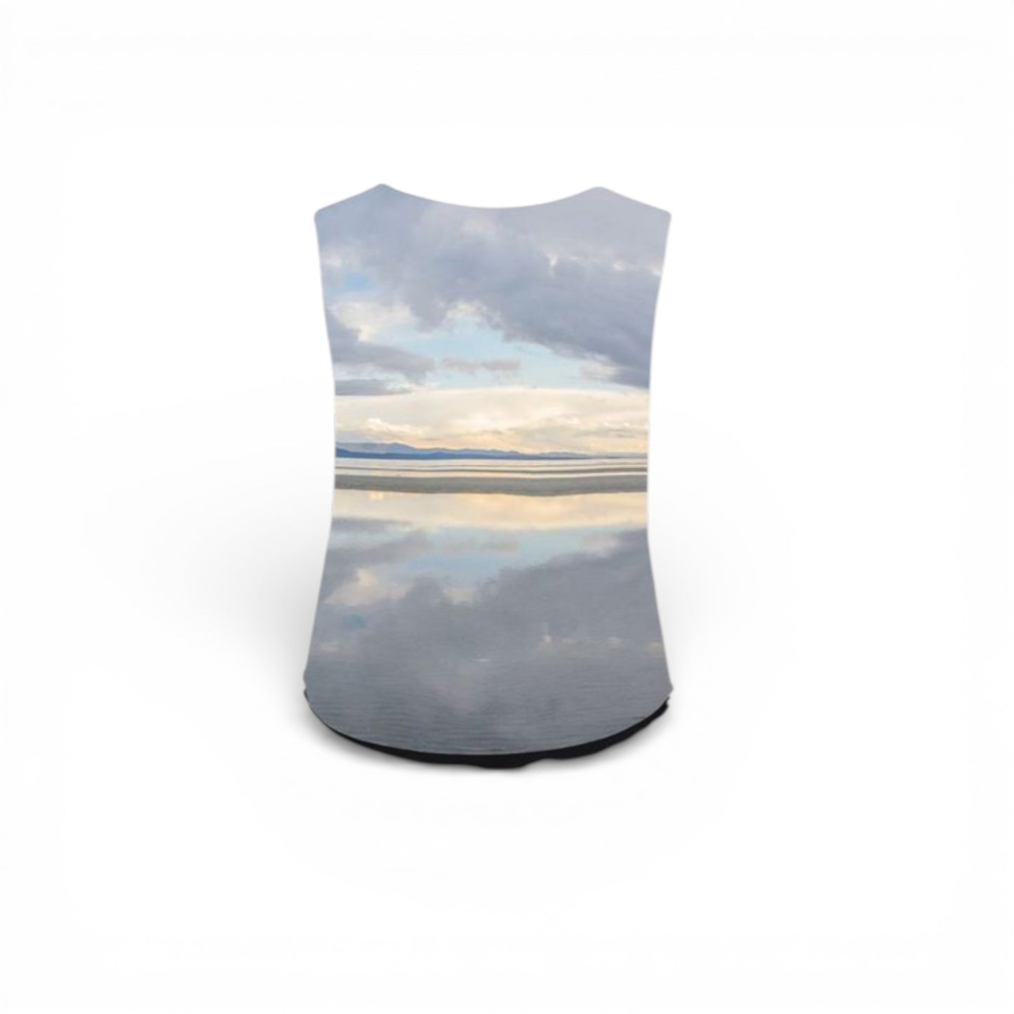 Sleeveless top with a scenic print of a beach and sky on a white background
