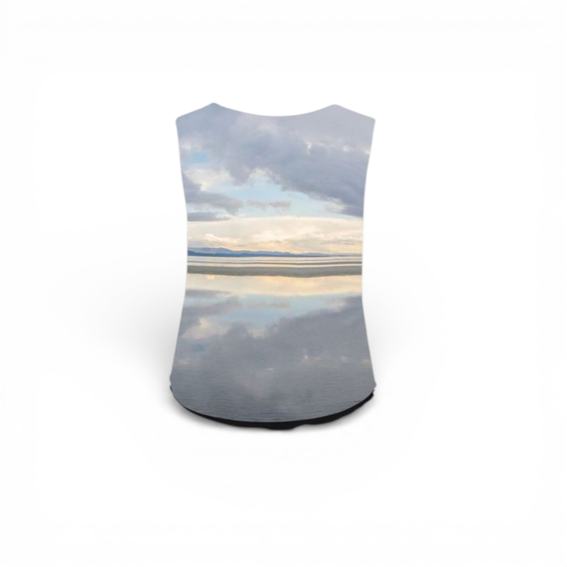 Sleeveless top with a scenic print of a beach and sky on a white background