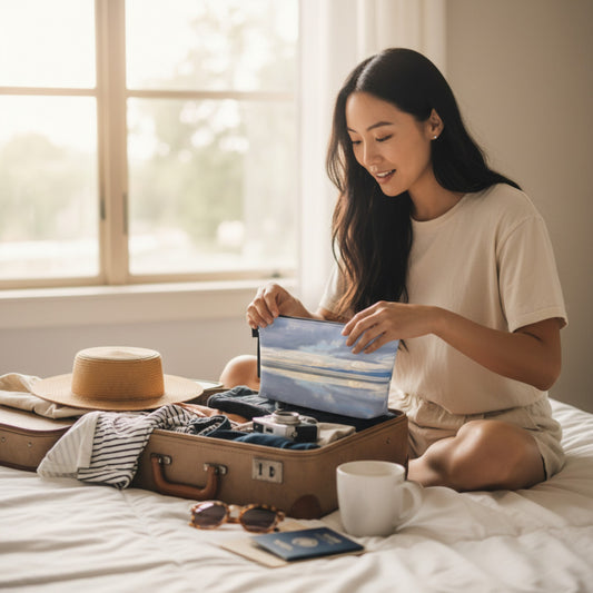 Woman packing a suitcase with travel items on a bed