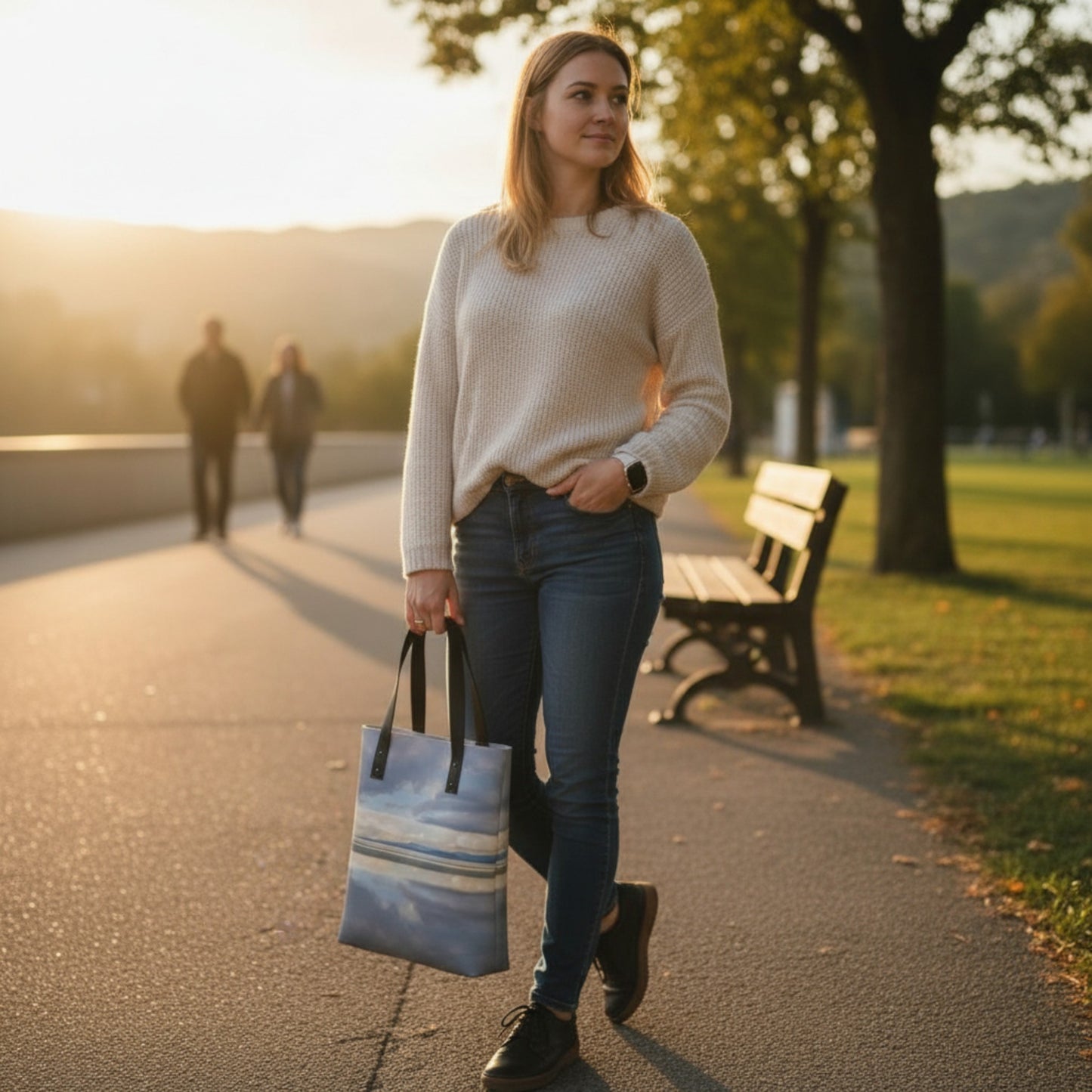 Woman walking in a park holding a bag with a scenic design