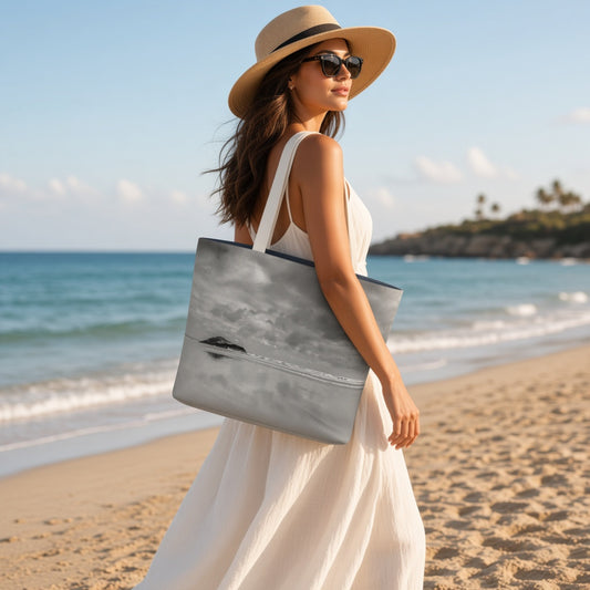 A woman on a sandy beach wearing a white dress, straw hat, and sunglasses while carrying a large tote bag with a gray and white landscape print.