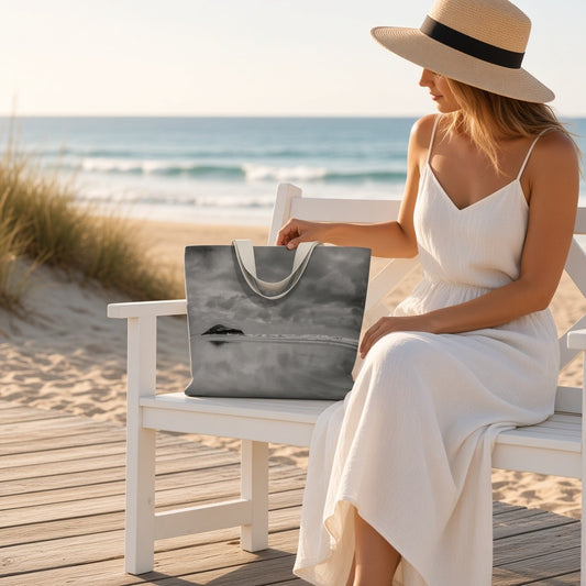 A woman in a white dress and straw hat sits on a white beach bench at the seaside, holding a large gray tote bag with white handles.