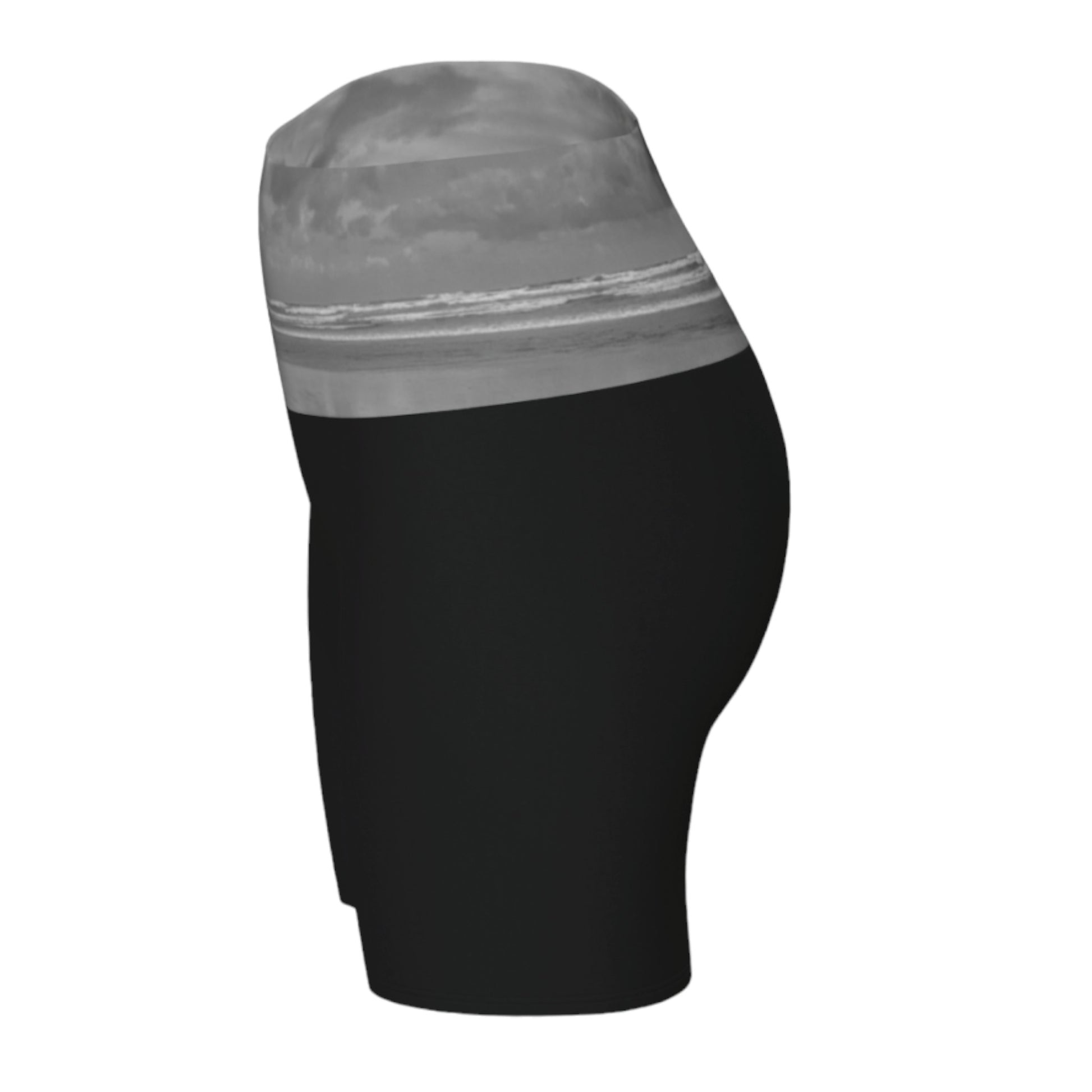 Long Beach Tofino printed waist band on the yoga shorts. The rest of the shorts are black.