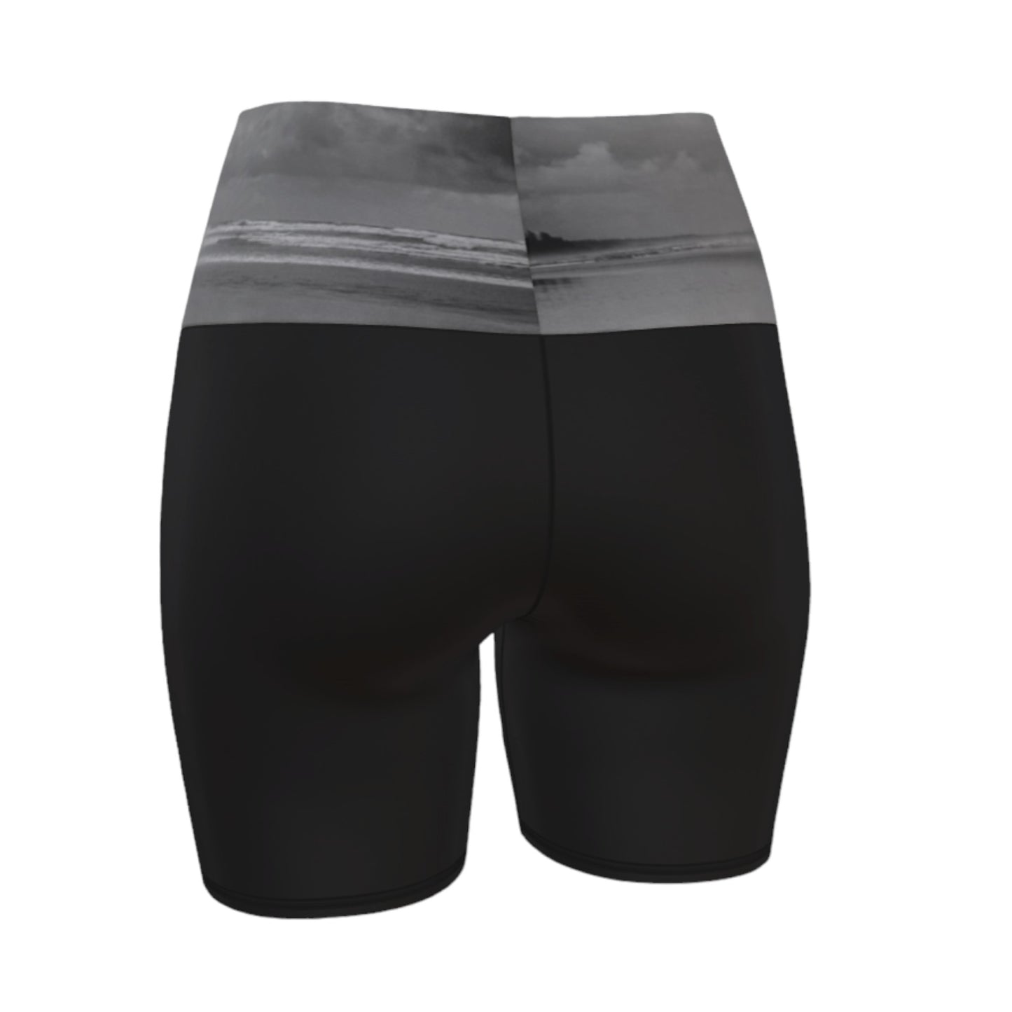Long Beach Tofino printed waist band on the yoga shorts. The rest of the shorts are black.