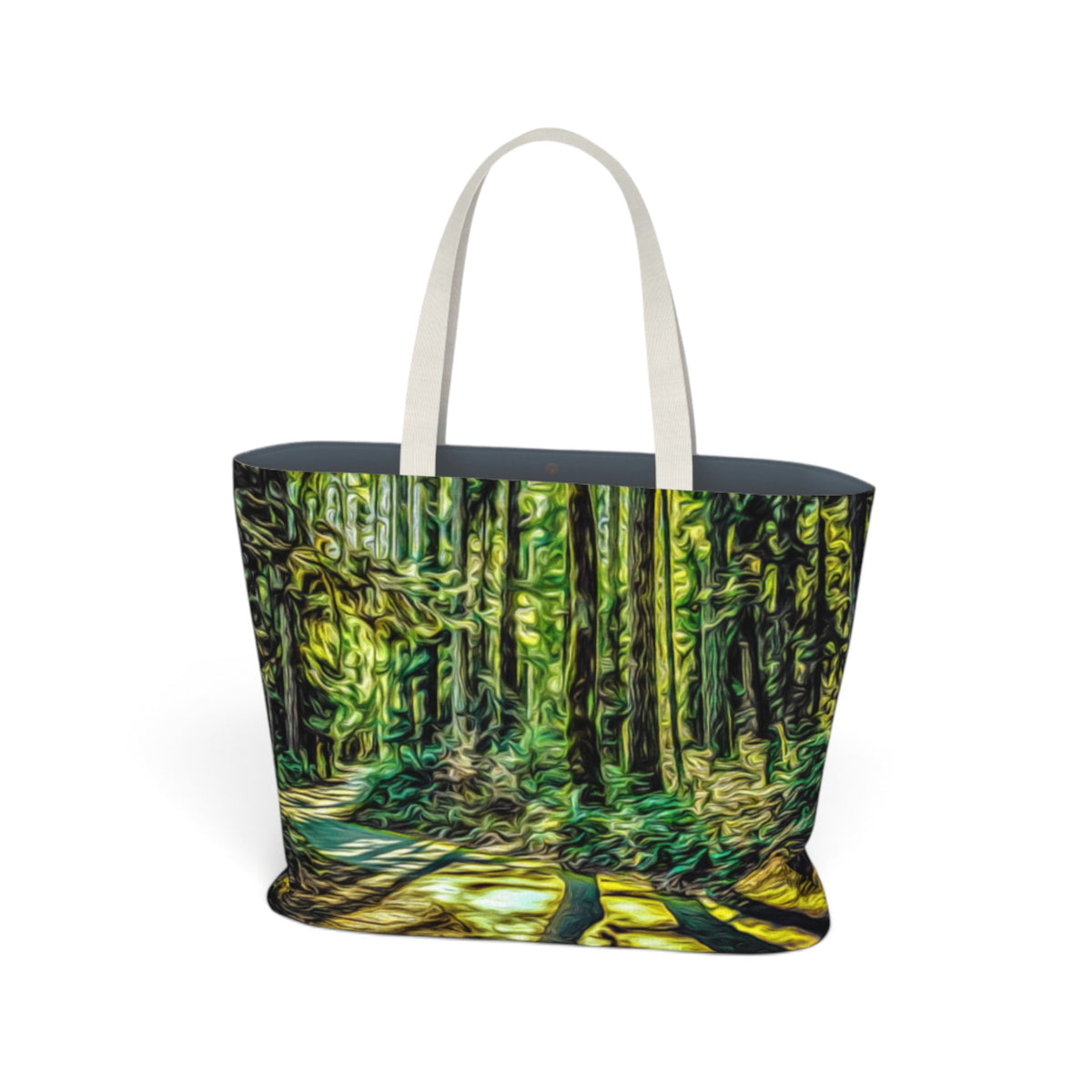 A tote bag featuring a stylized, textured forest print in shades of green and yellow, with contrasting off-white shoulder straps, shown on a plain white background.