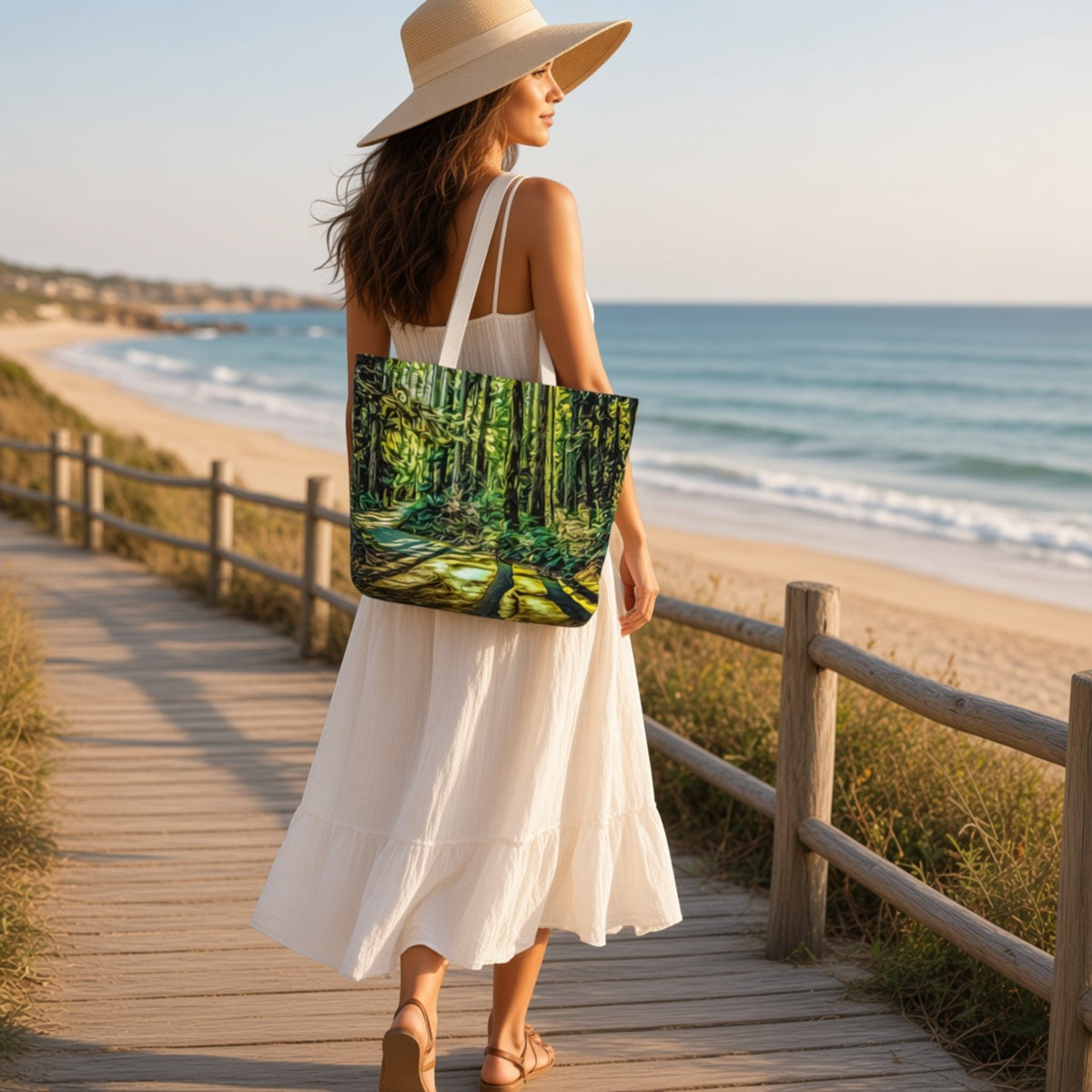 A woman in a white dress and wide-brim straw hat walks along a beach boardwalk carrying a large tote bag printed with a lush green forest scene. The background shows a sandy beach, ocean waves, and a wooden railing.