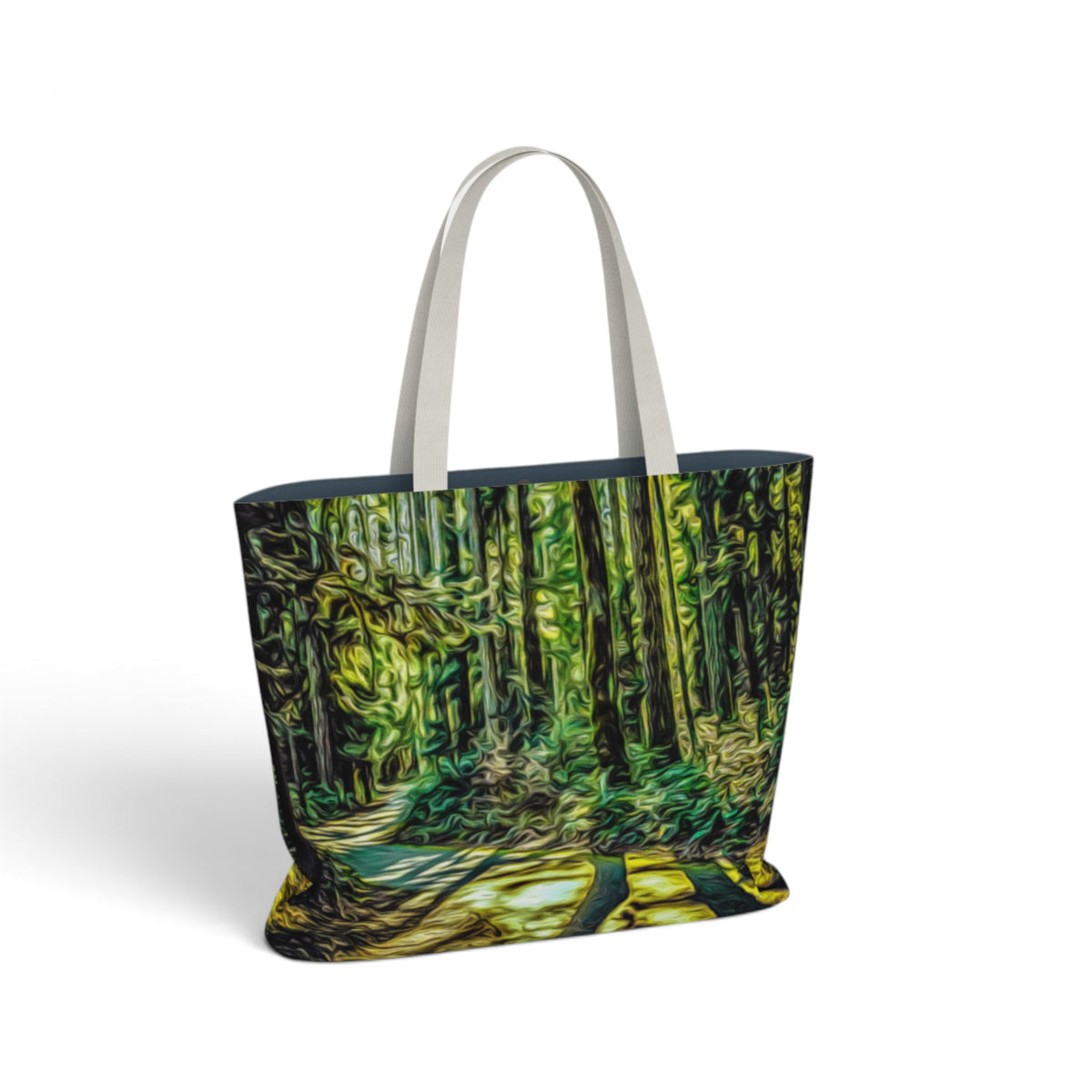 A tote bag featuring a stylized, textured forest print in shades of green and yellow, with light gray fabric shoulder straps, shown on a plain white background.