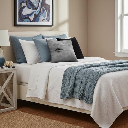 A throw pillow with a printed image of a coastal scene, featuring a pillow cover with a grayish-blue hue and a visible island in the distance.