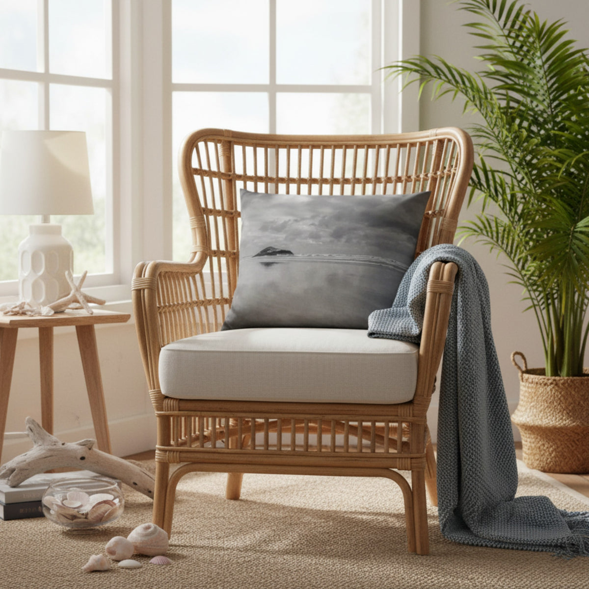 A light natural rattan armchair with a cream cushion and a gray throw pillow, styled in a bright, coastal-themed room with a blue knit blanket, a side table, and a potted plant.