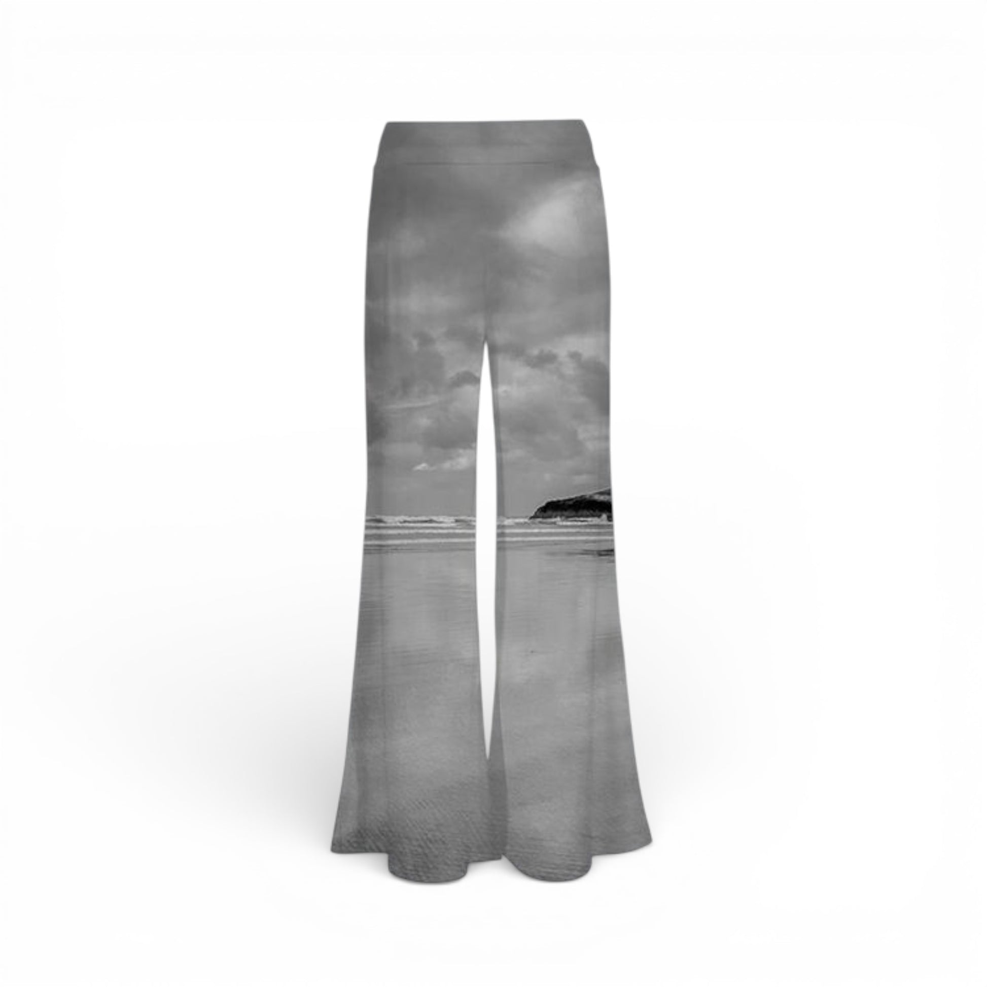 Flared pants with a printed design on a white background