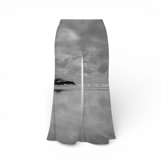 Pants with a black and white landscape print on a white background