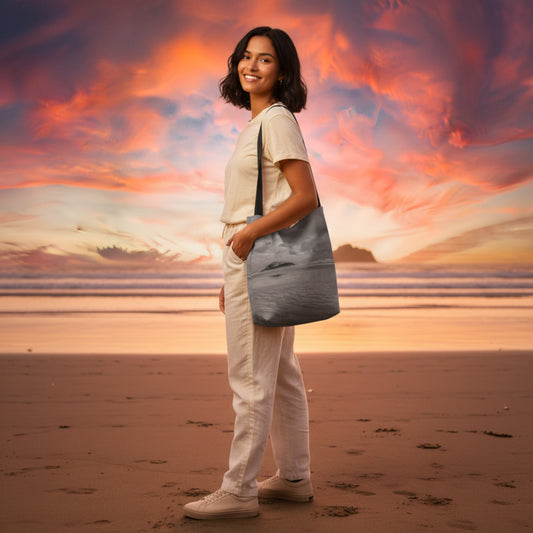 Woman holding a gray bag on a beach with a colorful sunset sky