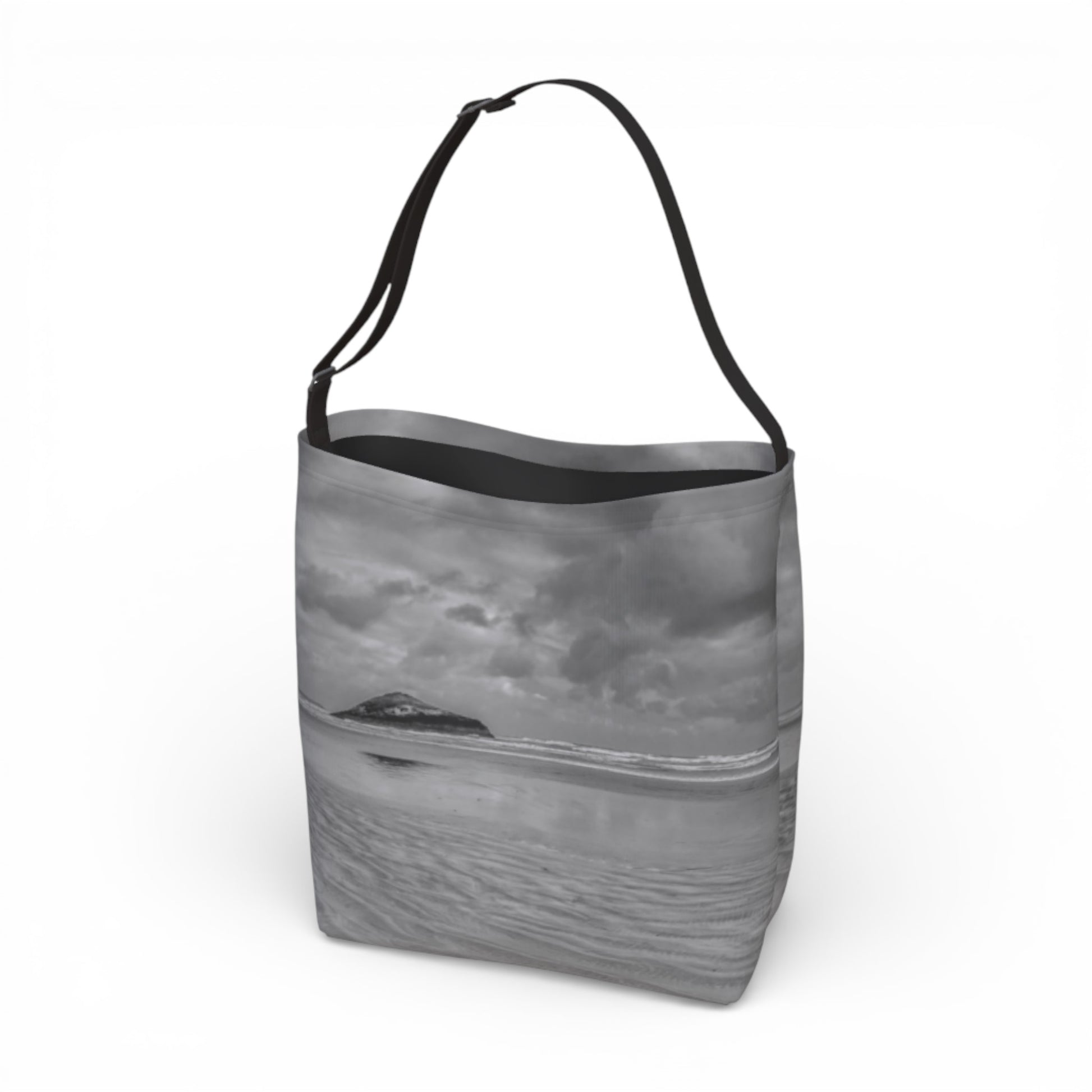 Tote bag with a black and white design on a white background