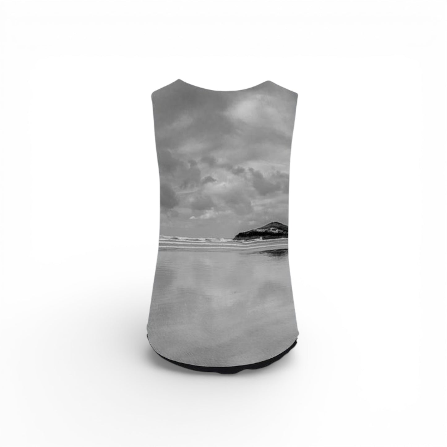 Back of Gray tank top with a black and white landscape print on a white background