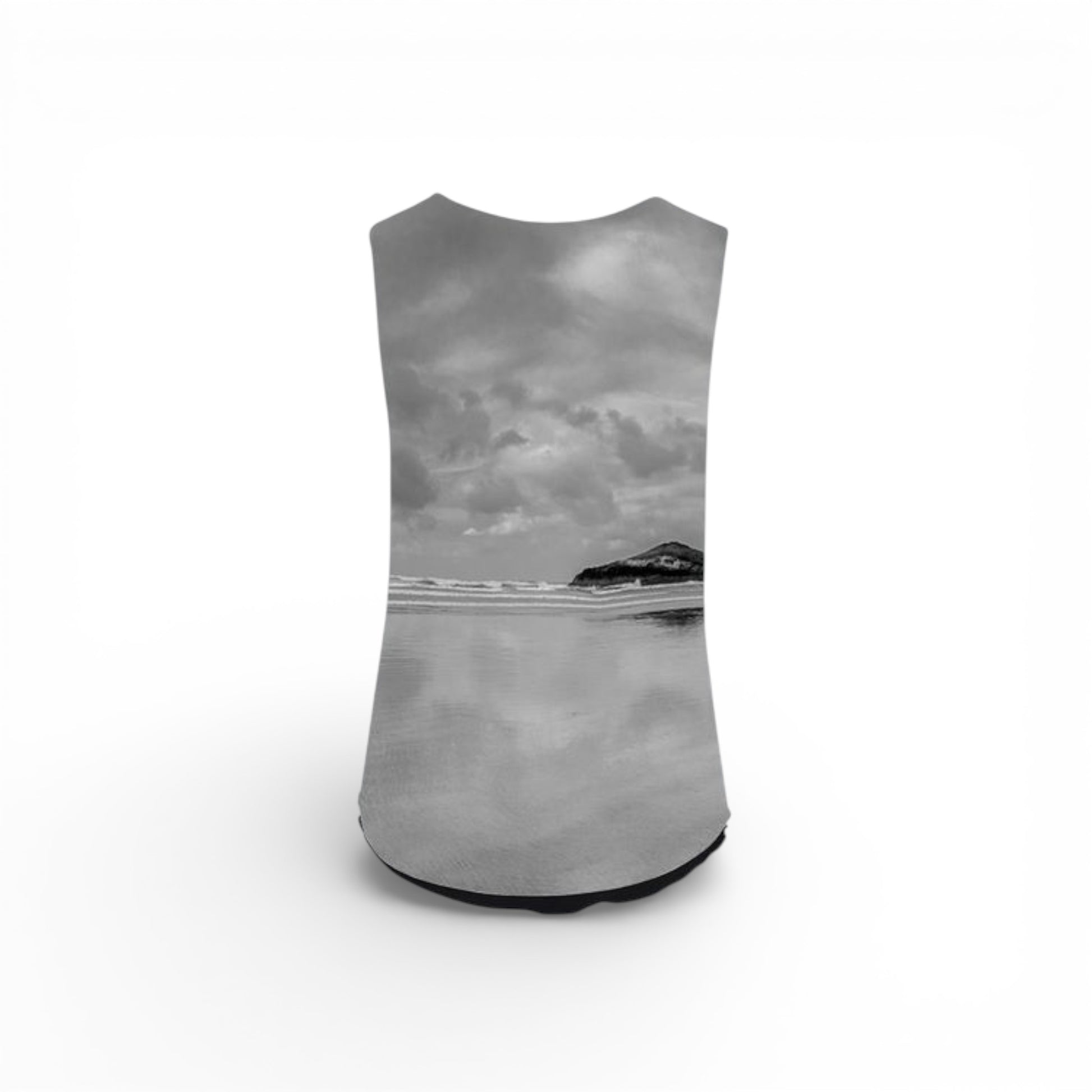 Back of Gray tank top with a black and white landscape print on a white background