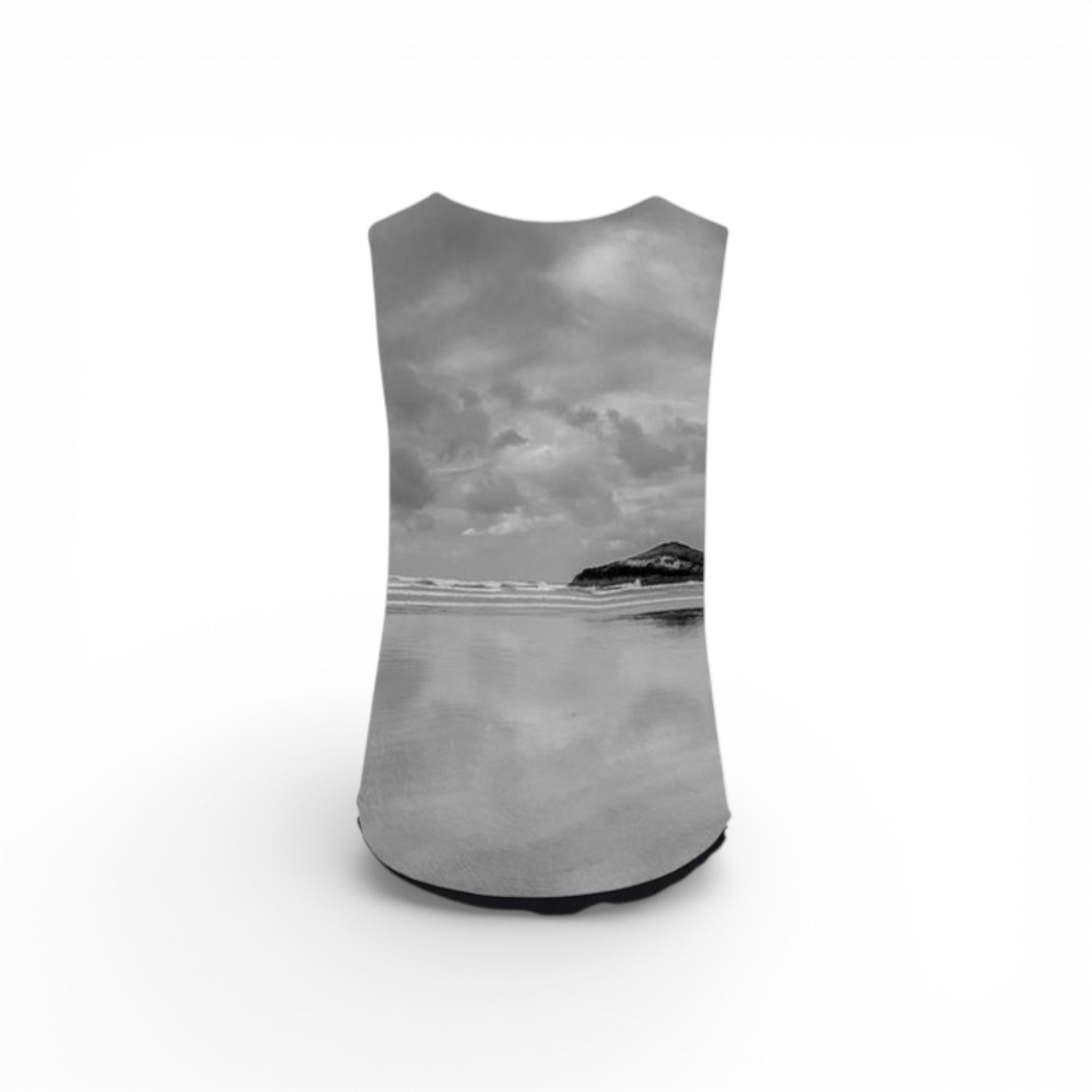 Gray sleeveless shirt with a printed design of a landscape on a white background