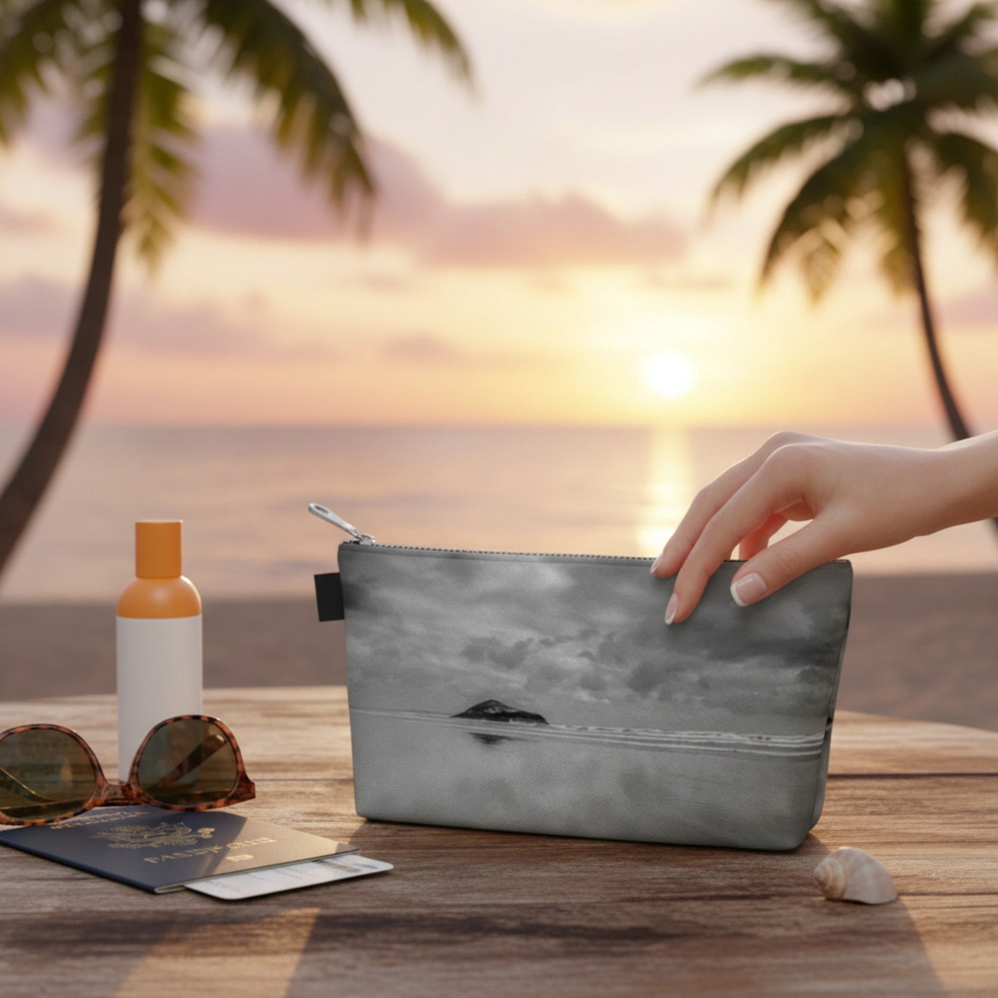 Gray pouch with sunglasses, bottle, and passport on a wooden surface with a sunset and palm trees in the background.