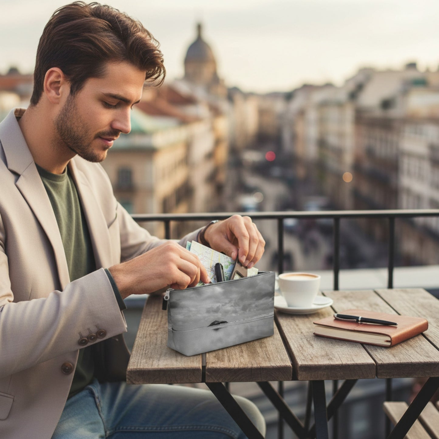 Man sitting at a table with a cityscape in the background