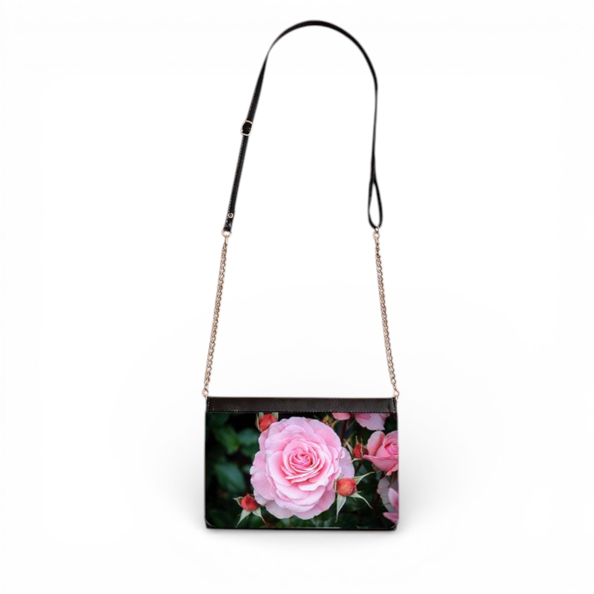 Handbag with pink rose design on a white background