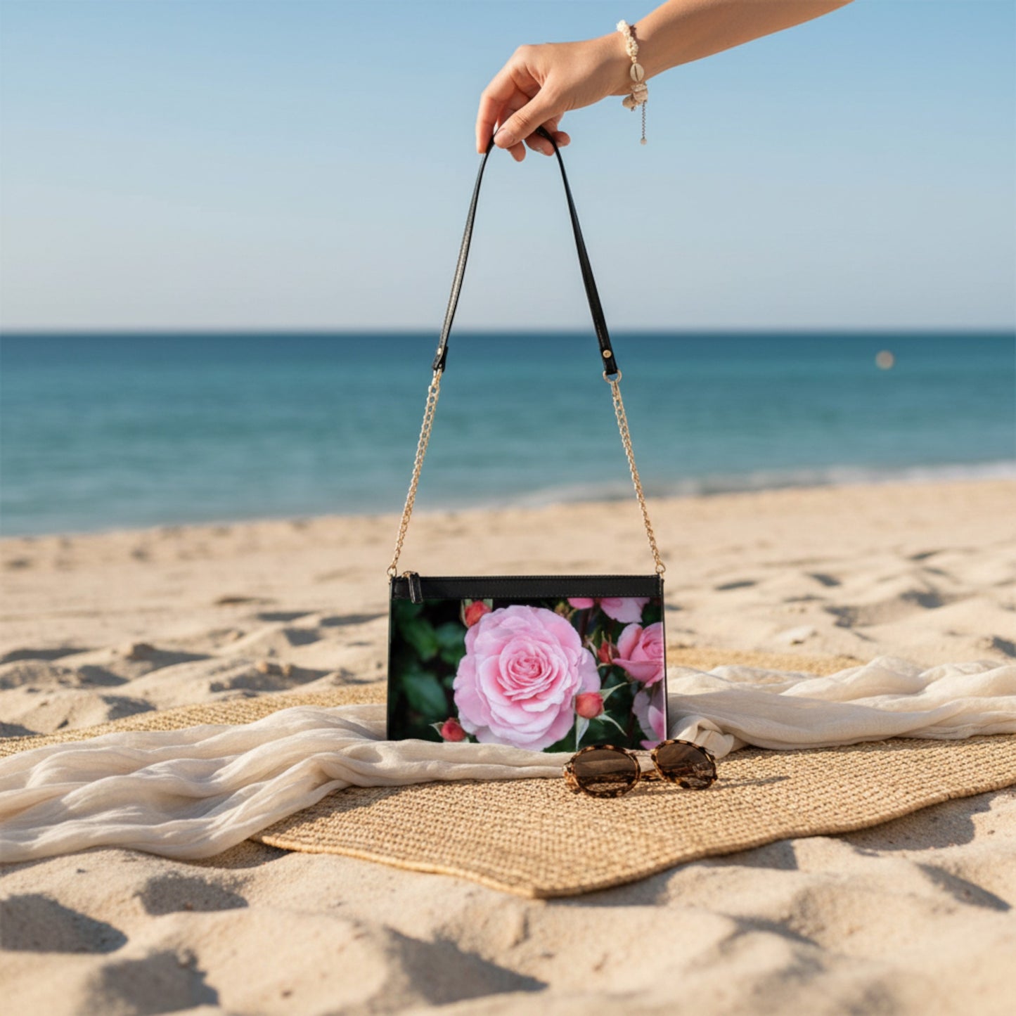 Handbag with floral design held by a hand on a sandy beach.