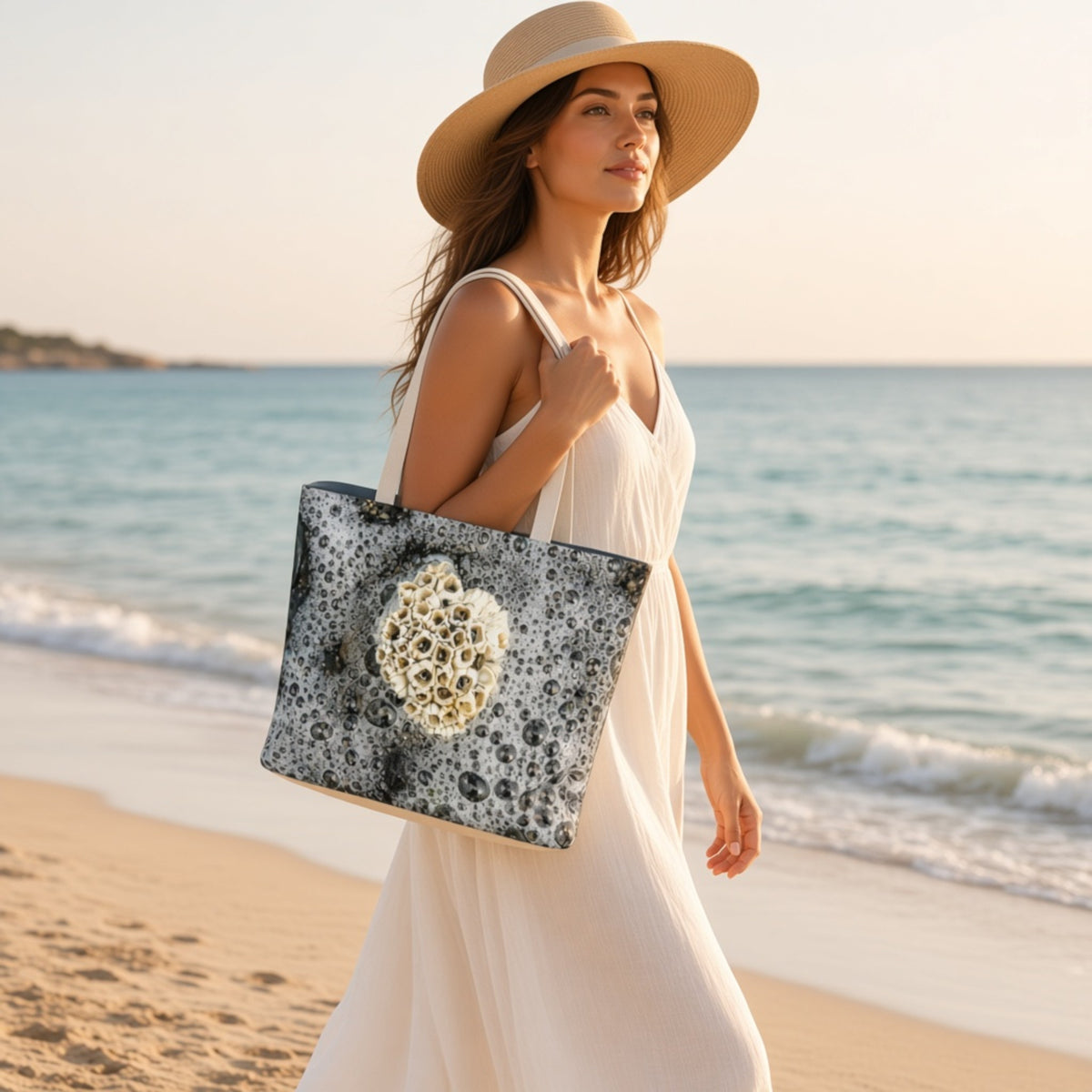 A woman in a white dress and wide-brim straw hat carries a large black-and-white tote bag with a magnetic clasp, walking along a sandy beach with the ocean in the background.