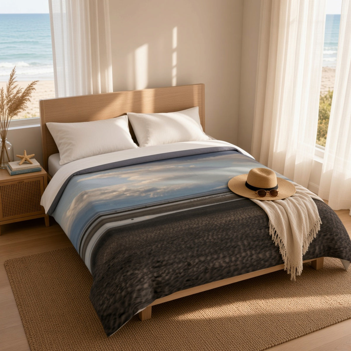 A beach-themed bedding set styled on a wooden bed frame in a sunlit bedroom. The duvet cover features a blue sky and white clouds pattern on the upper half, transitioning into dark gray and black textured stripes on the lower half.