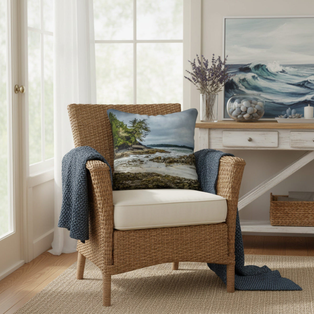 A throw pillow cover featuring an image of a coastal scene with rocks and trees on a beach.
