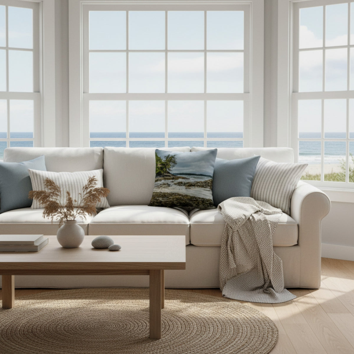 A throw pillow cover featuring an image of a coastal scene with rocks and trees on a beach.