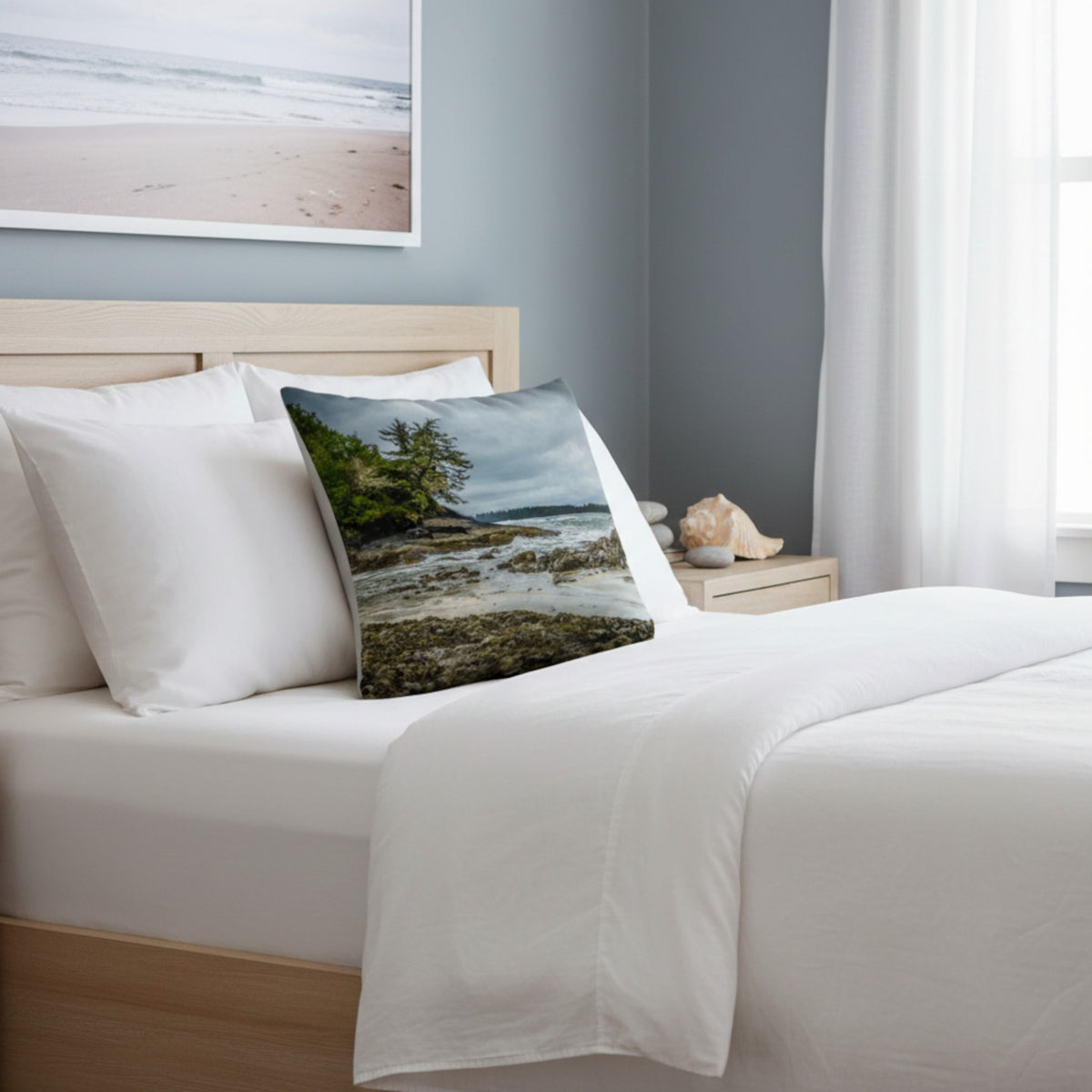 A throw pillow cover featuring an image of a coastal scene with rocks and trees on a beach.