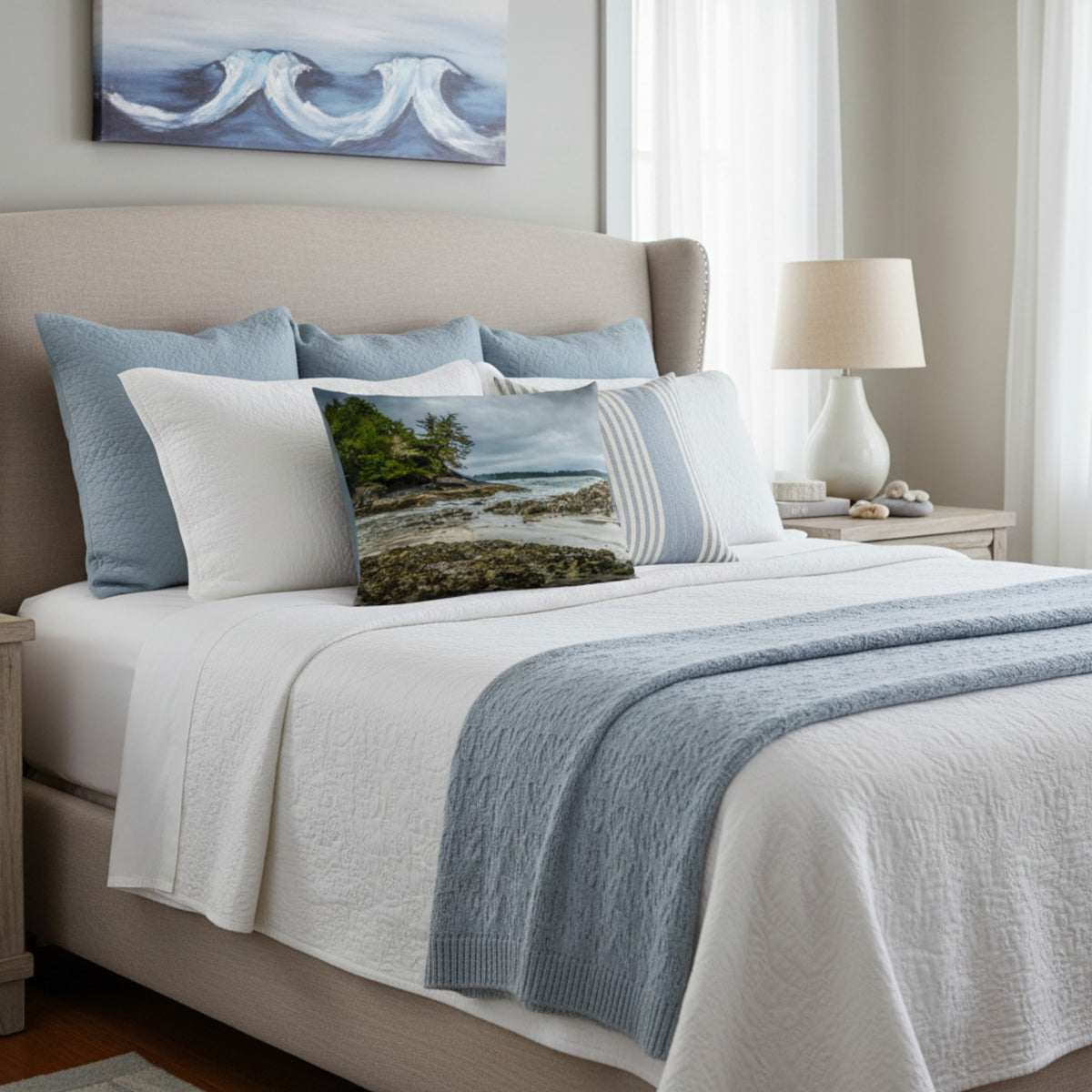 A throw pillow cover featuring an image of a coastal scene with rocks and trees on a beach.
