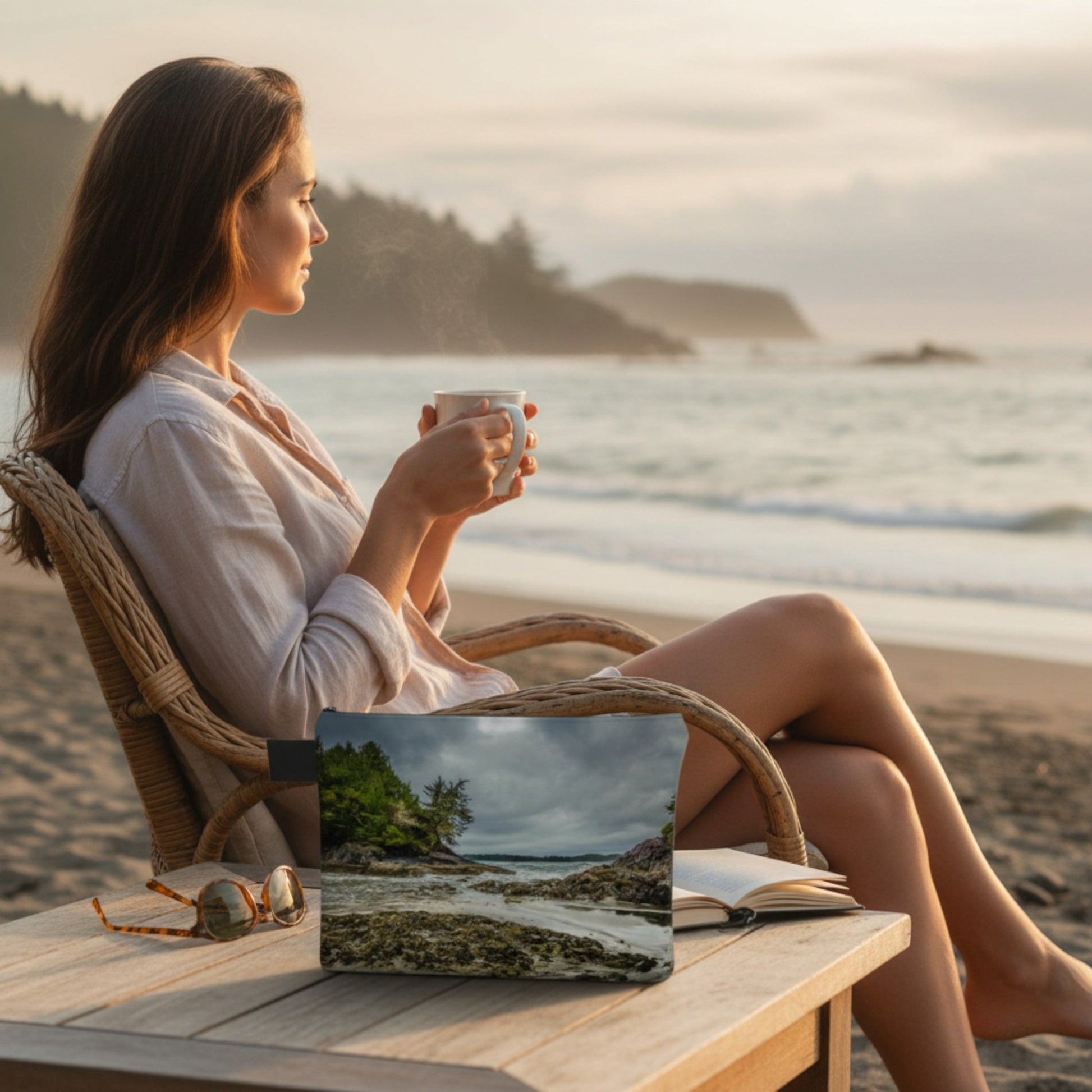 Woman sitting on a beach at sunset, holding a cup, with a MacKenzie Beach Tofino Adventure Tote by her side.
